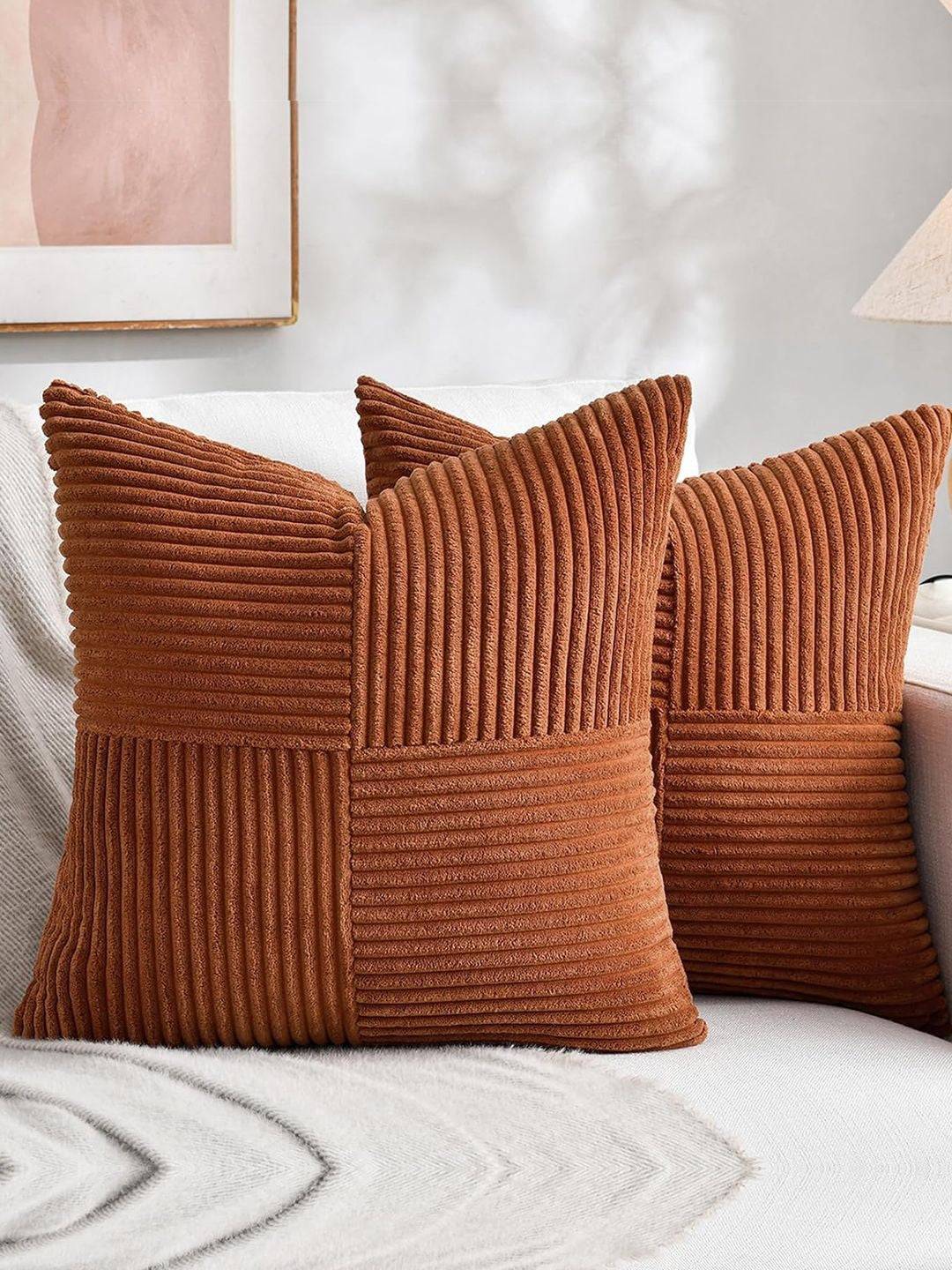 Set of 2 Coffee Brown Striped Square Cushion Covers