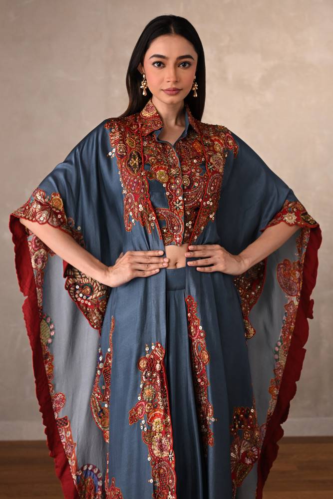 Blue Embroidered Kaftan Shirt & Drape Pant Co-Ord Set Buy at ₹29995