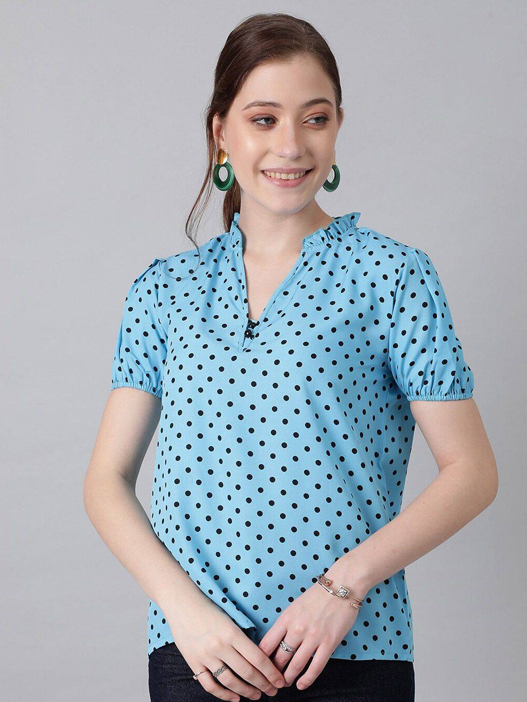 Kotty Blue Polka Dot Print Mandarin Collar Puff Sleeve Crepe Top