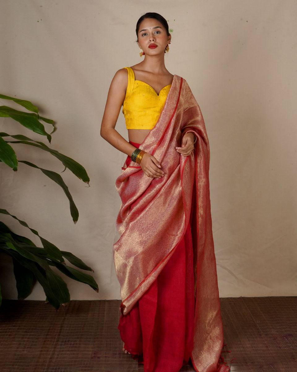 Abhati Red Handwoven Linen Zari Saree - Eknoor