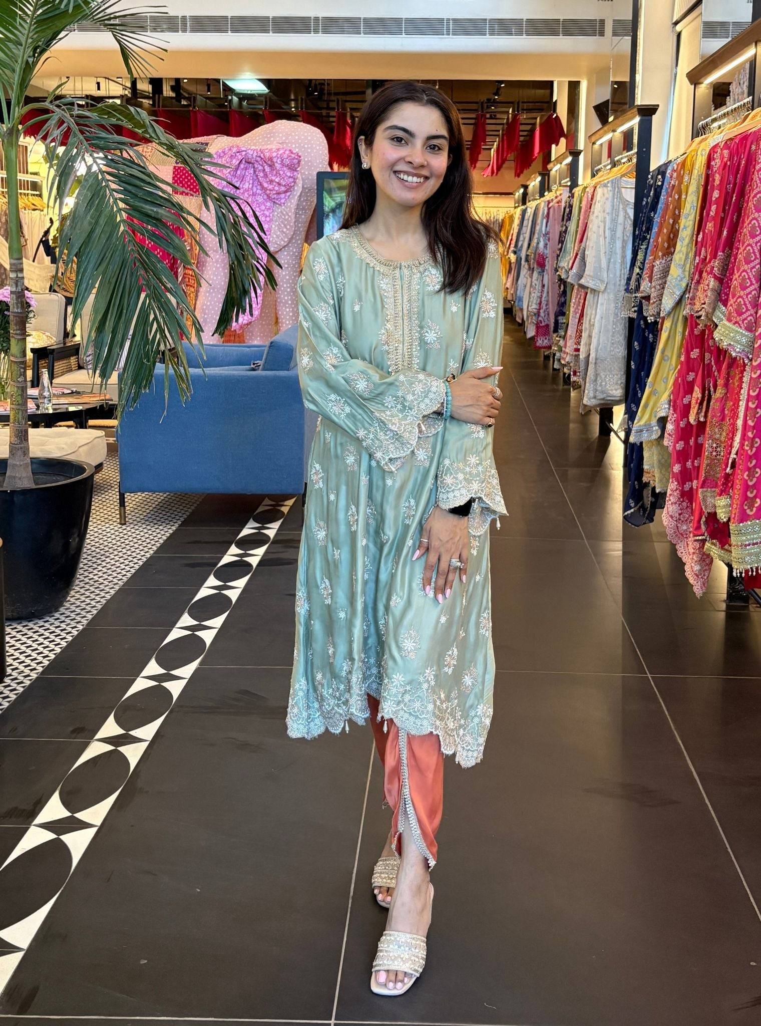 Kangna Cupro Satin Sage Green Kurta with Burnt Orange Pant