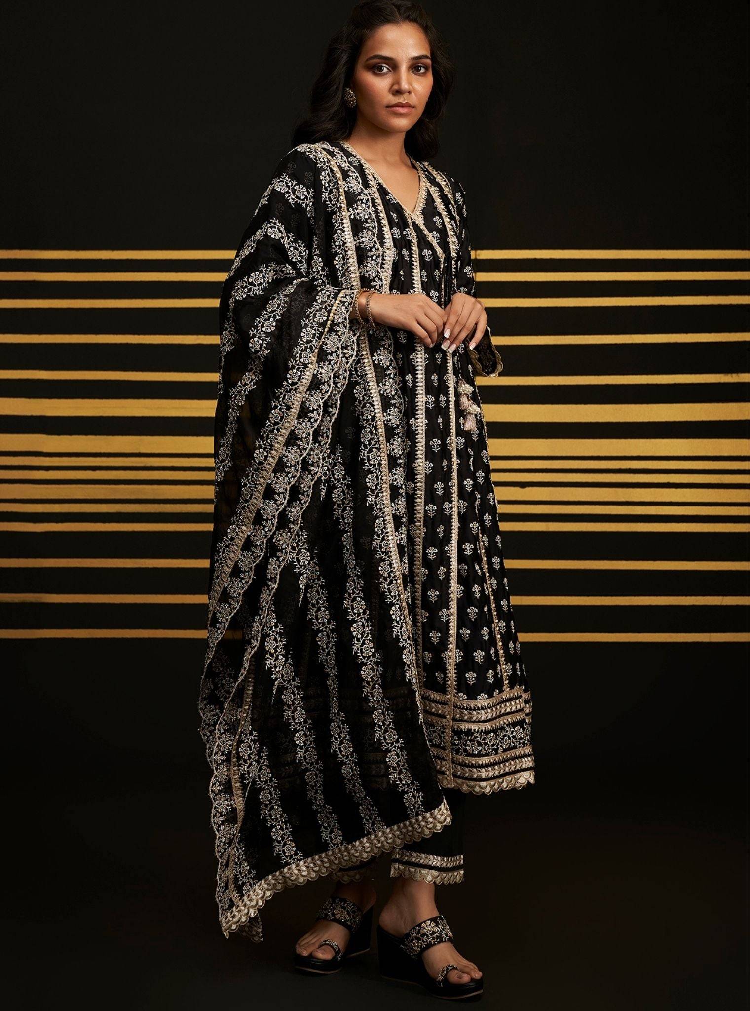 Patola Organza Satin Black Anarkali Kurta Set