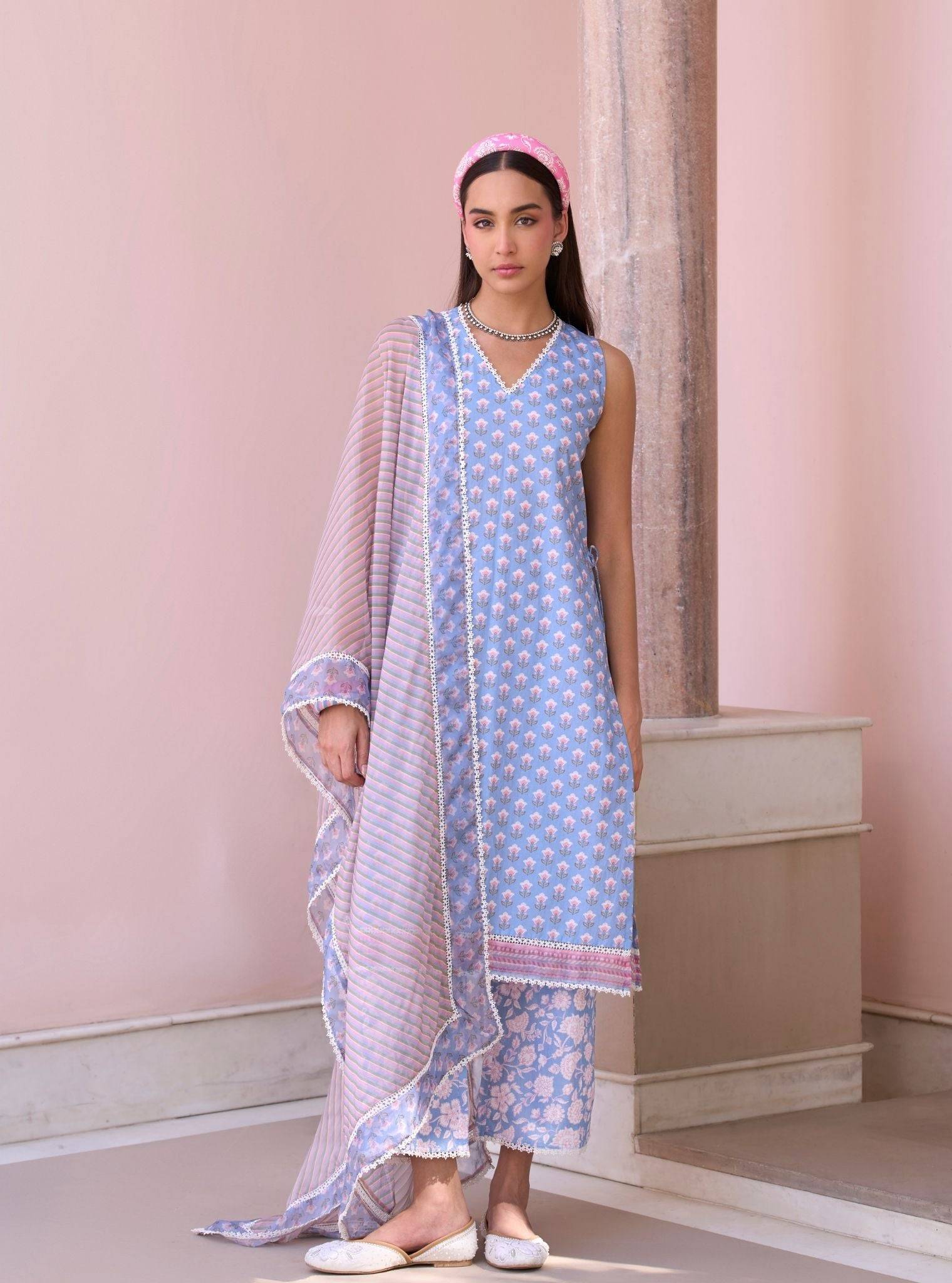 Rajvella Steel Blue Mulmul Cotton Kurta & Pant Set