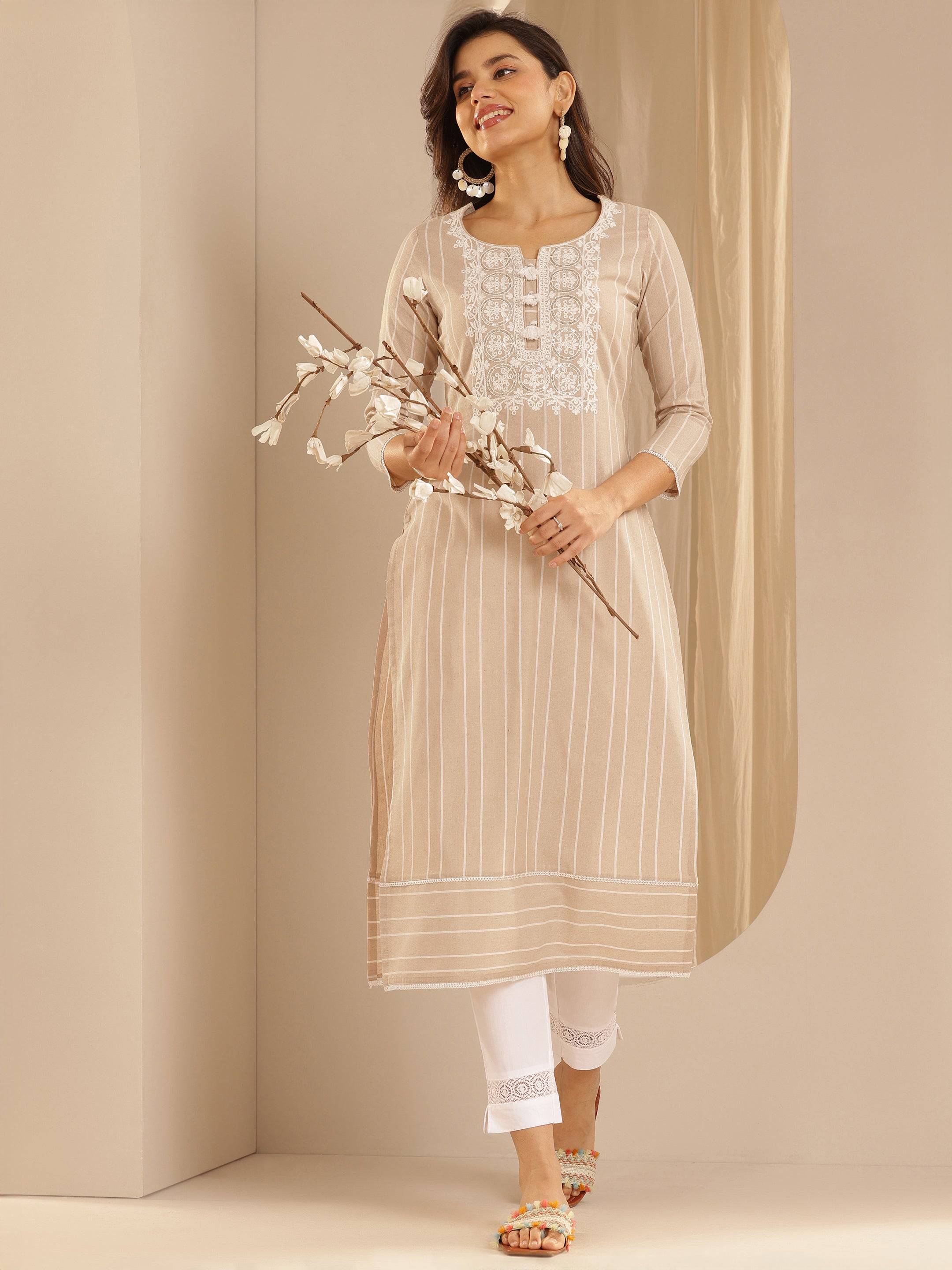 Beige Embroidered Cotton Blend Straight... Buy at only ₹1399