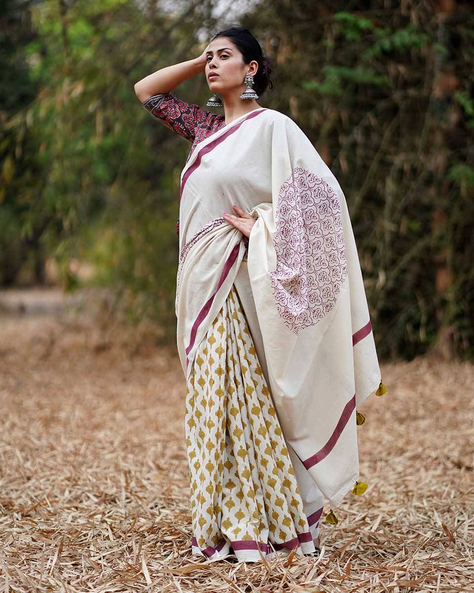 Dil-Navaaz Ivory Block Printed Cotton Saree - WW