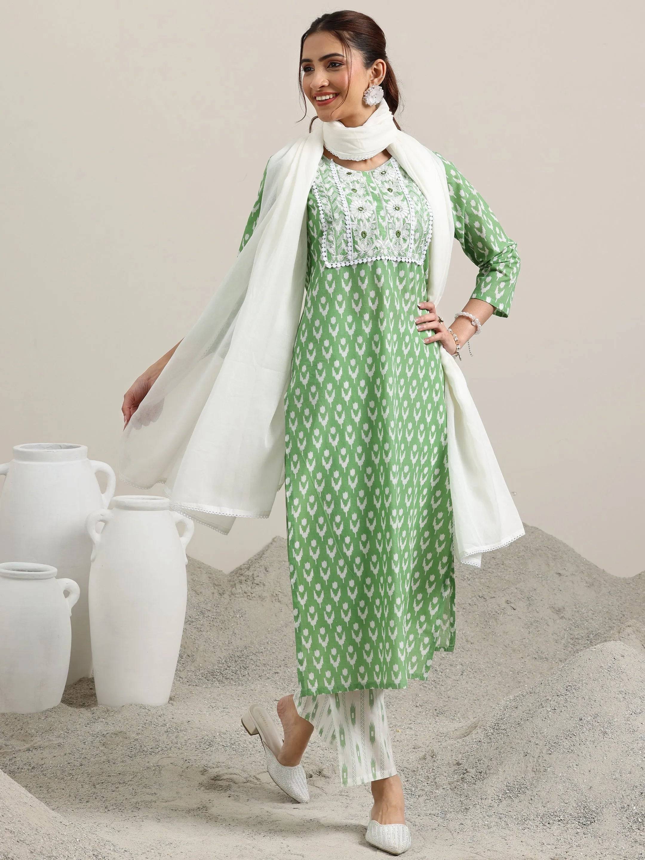 Green Printed Cotton Straight Suit With... Buy only at ₹3299