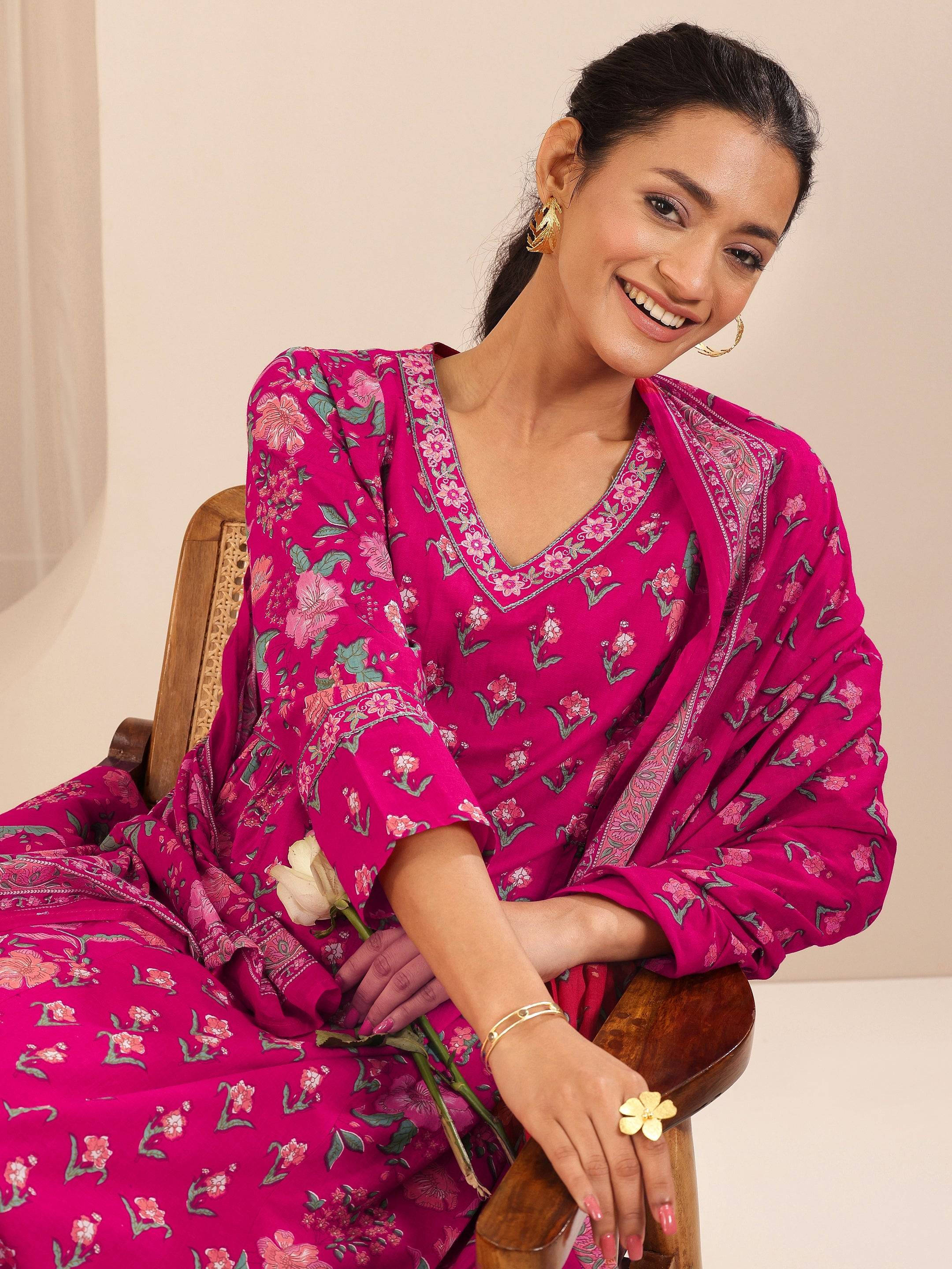 Pink Printed Cotton A-line Suit Sets Wi... Buy only at ₹5249
