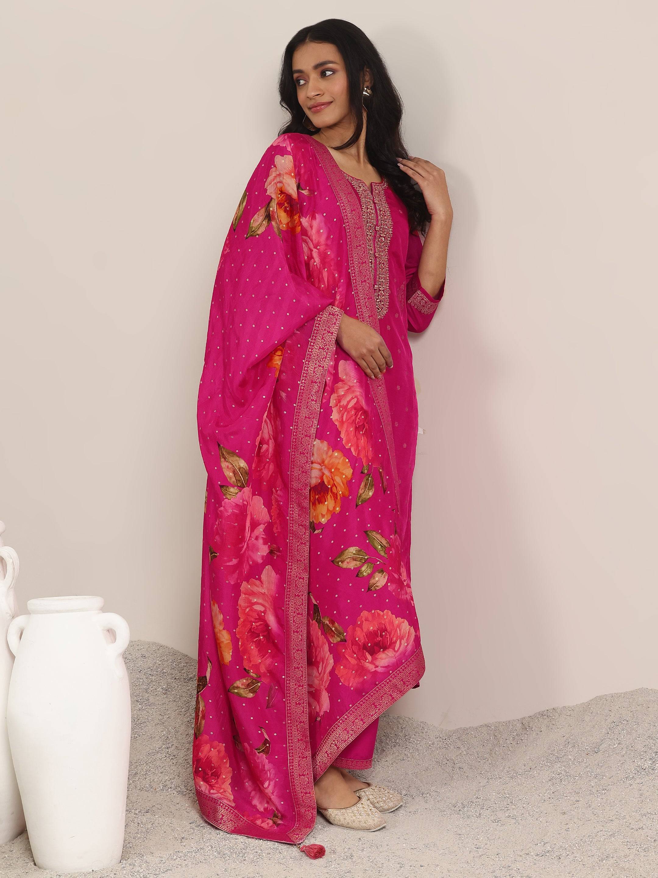 Pink Woven Design Silk Blend Straight S... Buy only at ₹9899