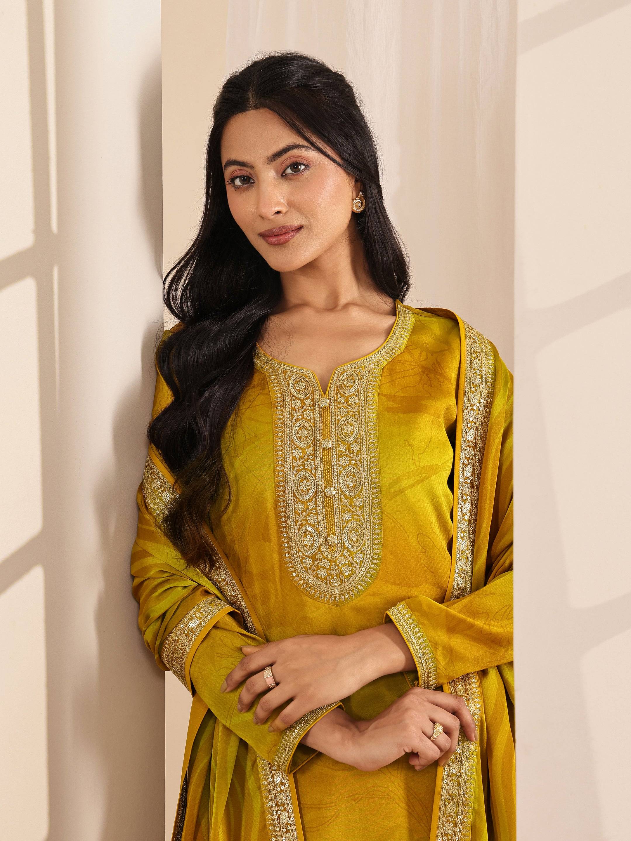 Mustard Printed Silk Blend Straight Sui... Buy only at ₹5999