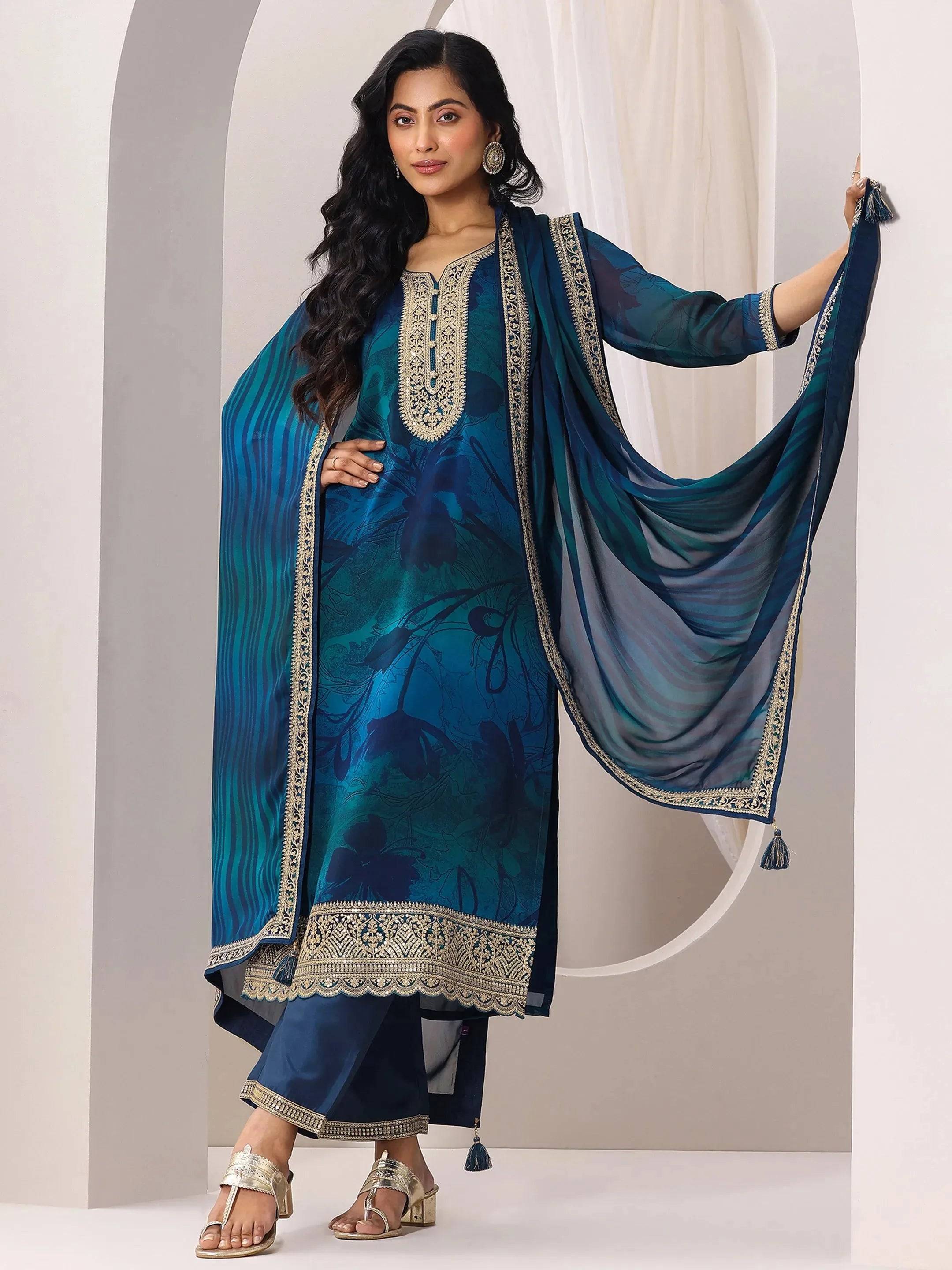 Teal Printed Silk Chiffon Straight Suit... Buy only at ₹5999