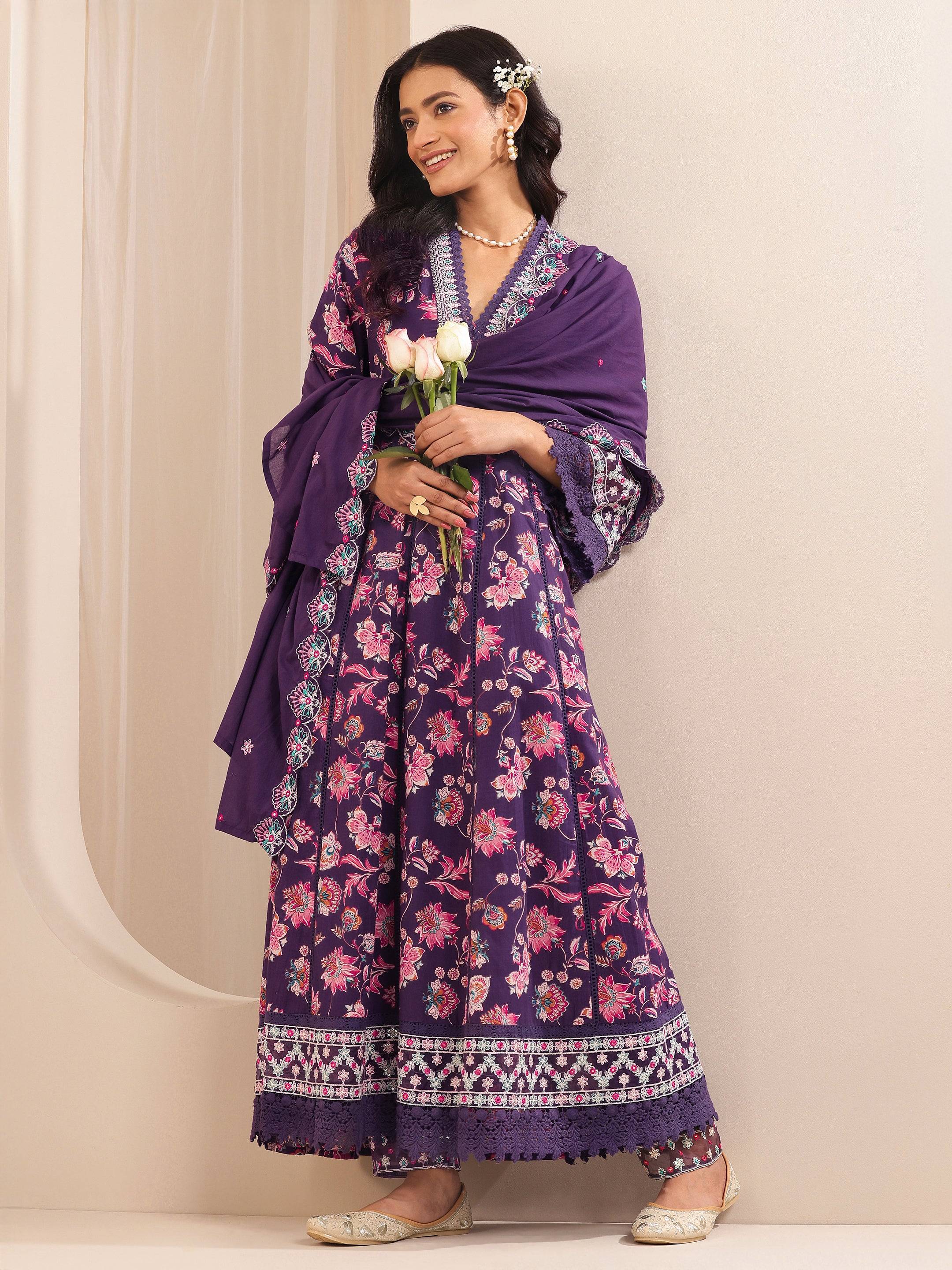 Purple Printed Cotton Anarkali Suit Set... Buy only at ₹5999