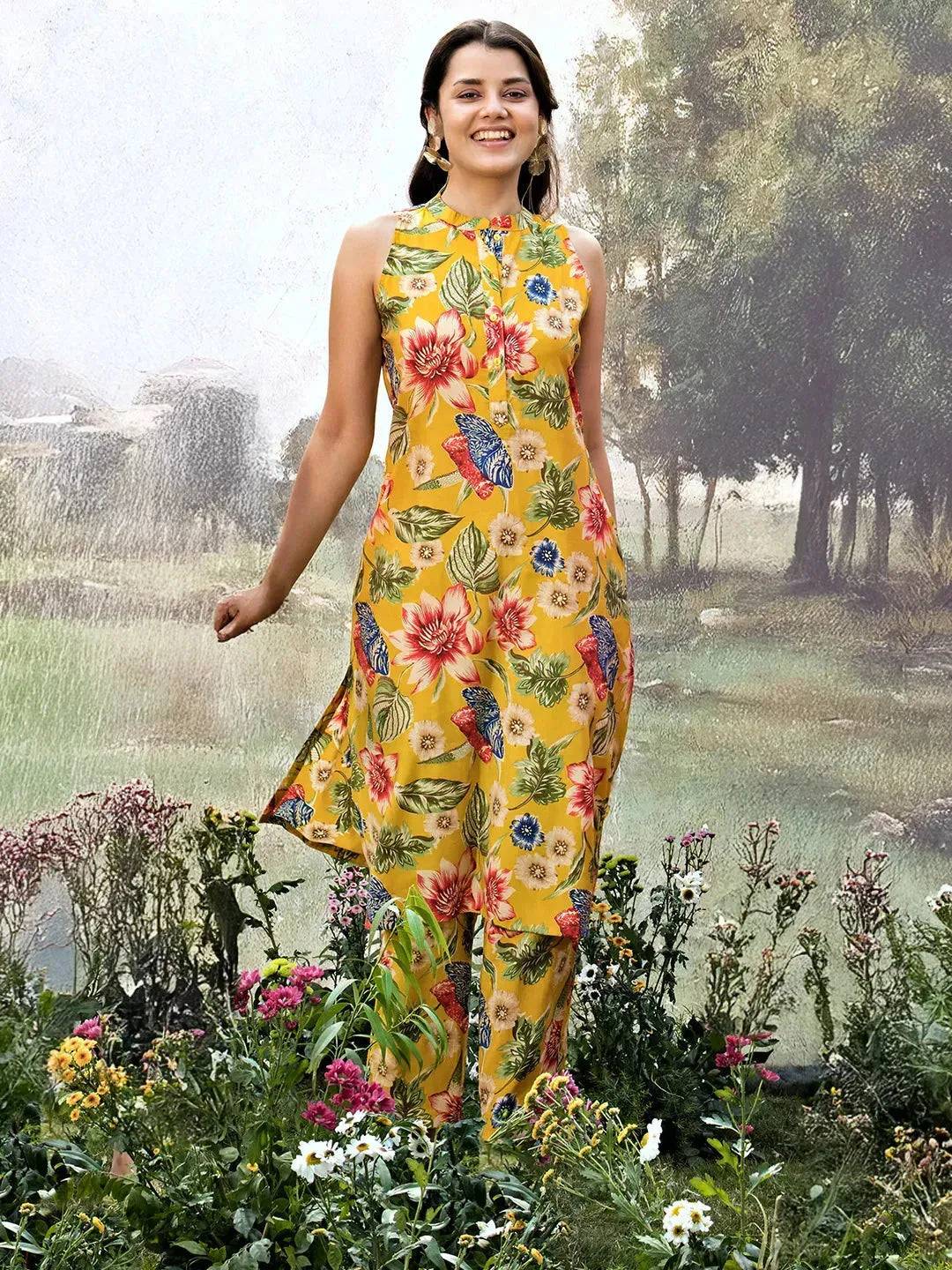 Mustard Printed Silk Blend A-line Kurta... Buy only at ₹2799