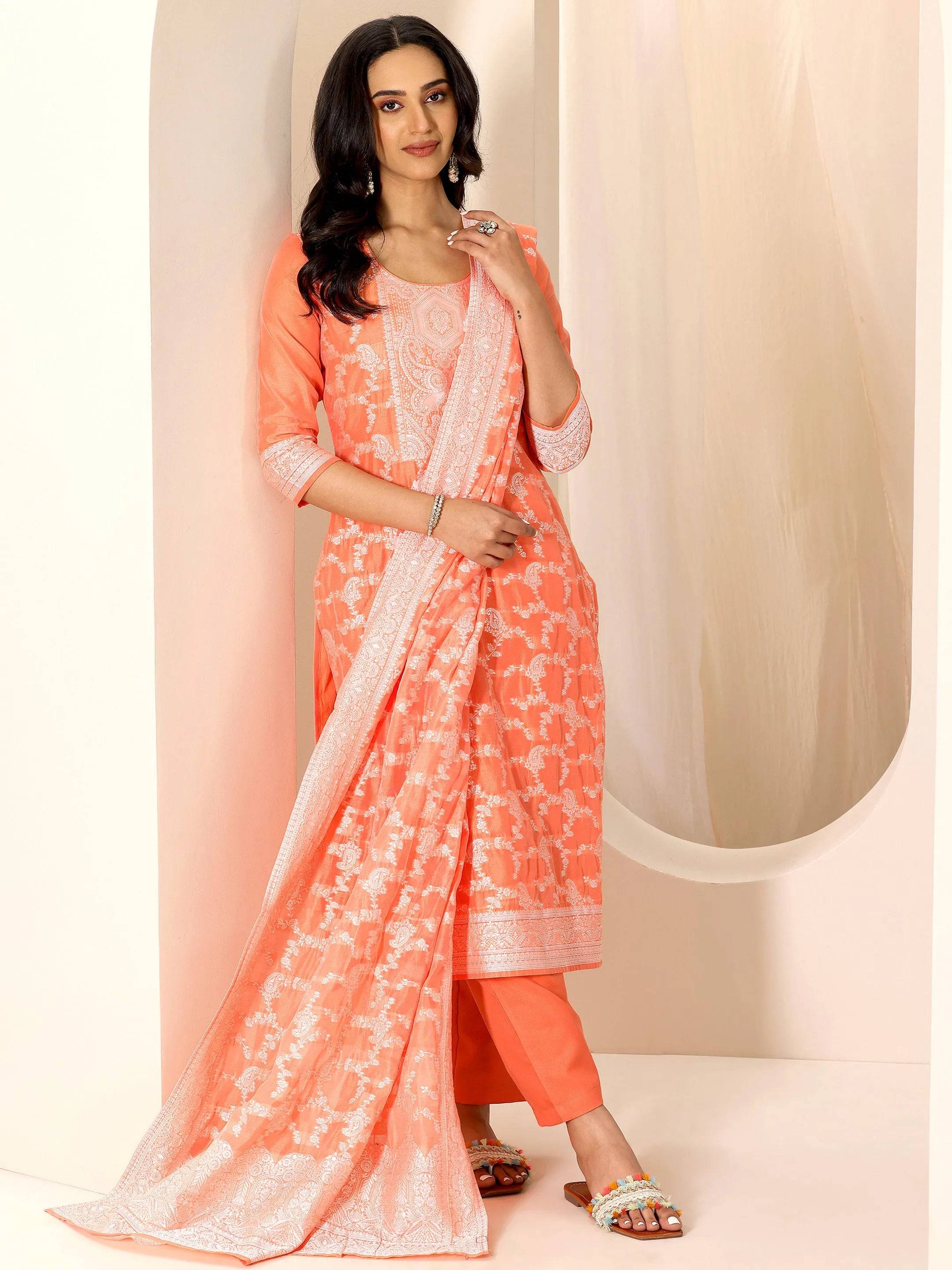Orange Woven Design Chanderi Silk Strai... Buy only at ₹4499