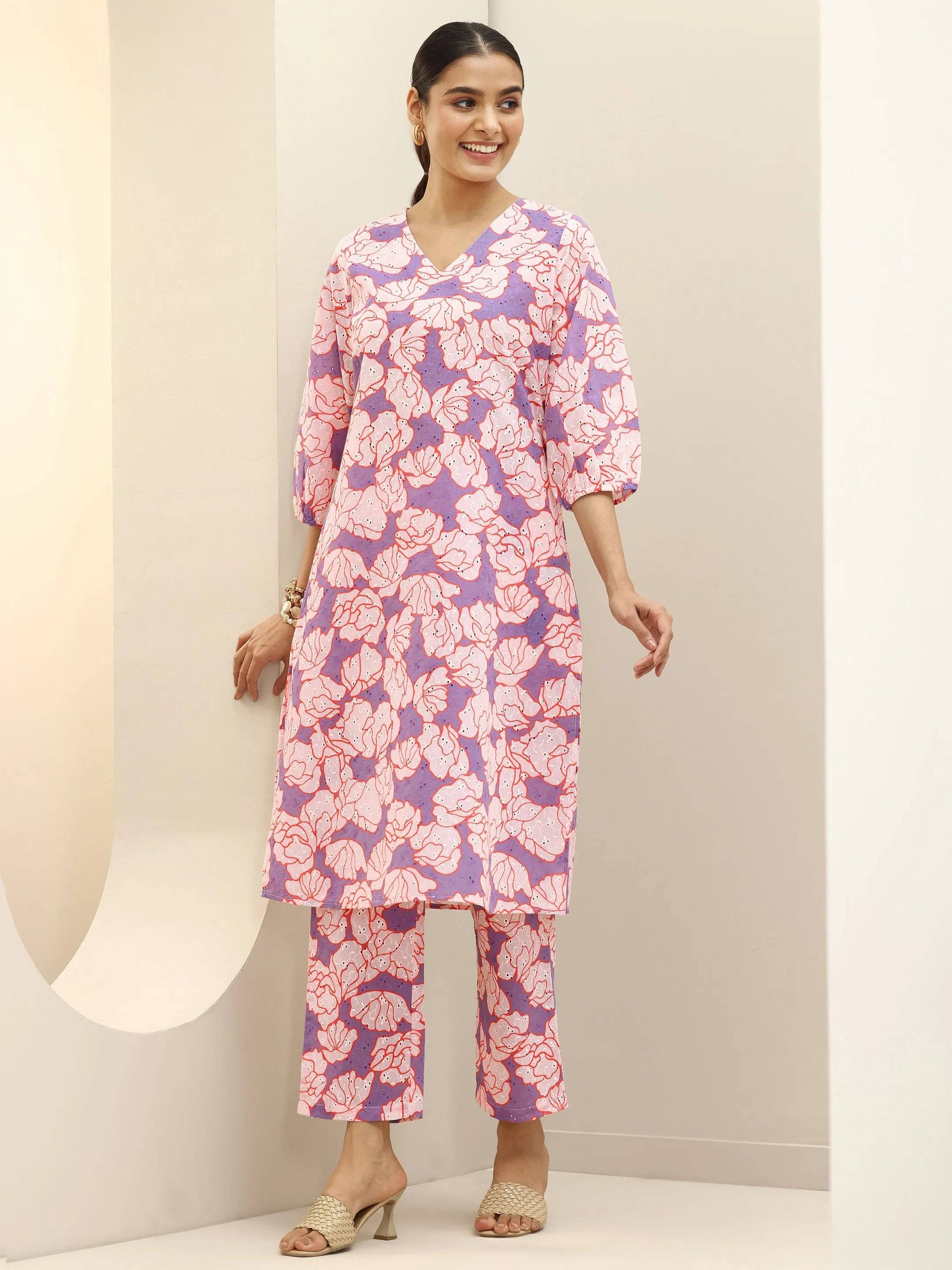 Purple Printed Cotton Straight Kurta Set Buy only at ₹2999