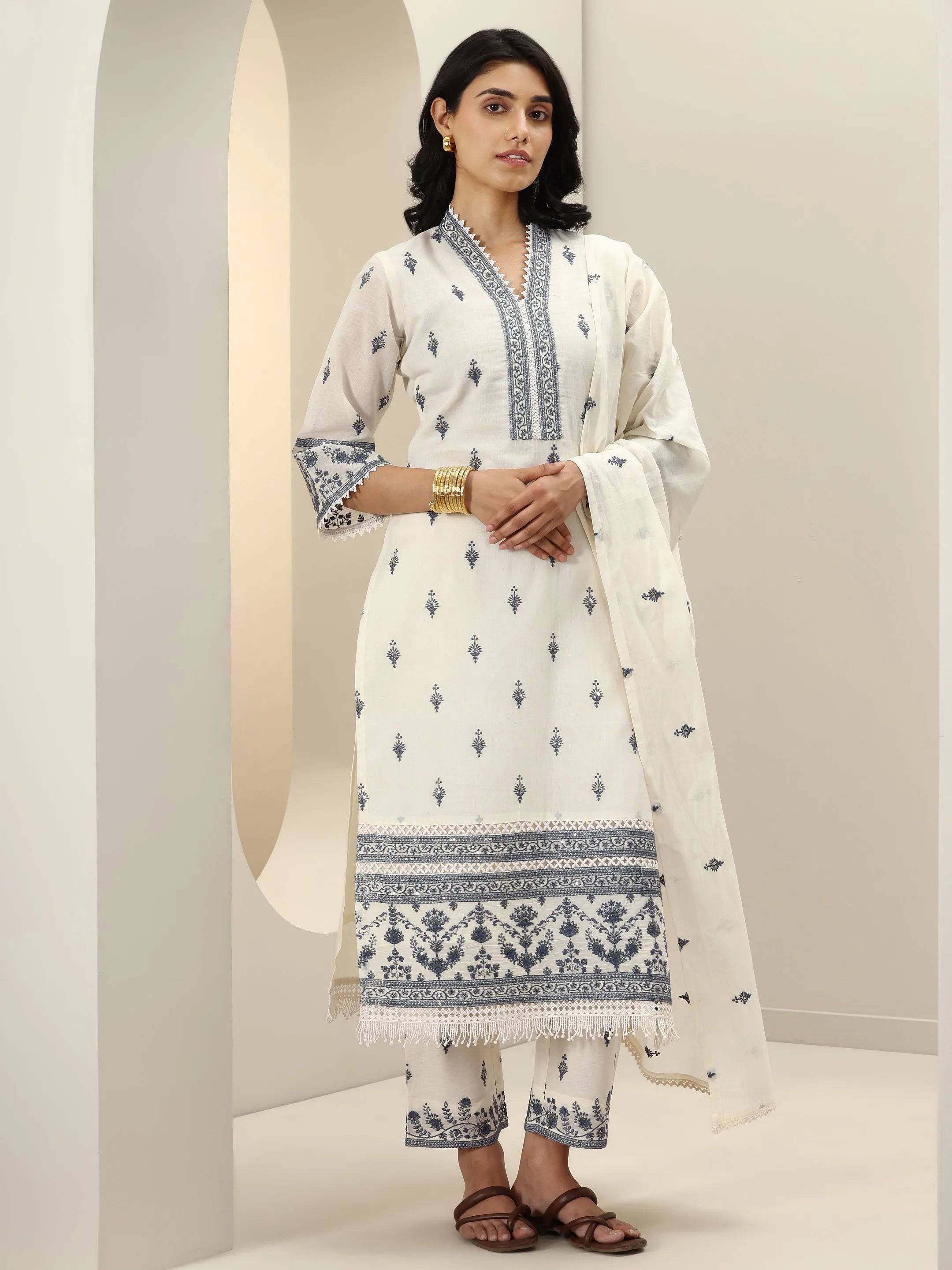 Off White Embroidered Cotton Straight S... Buy only at ₹4999