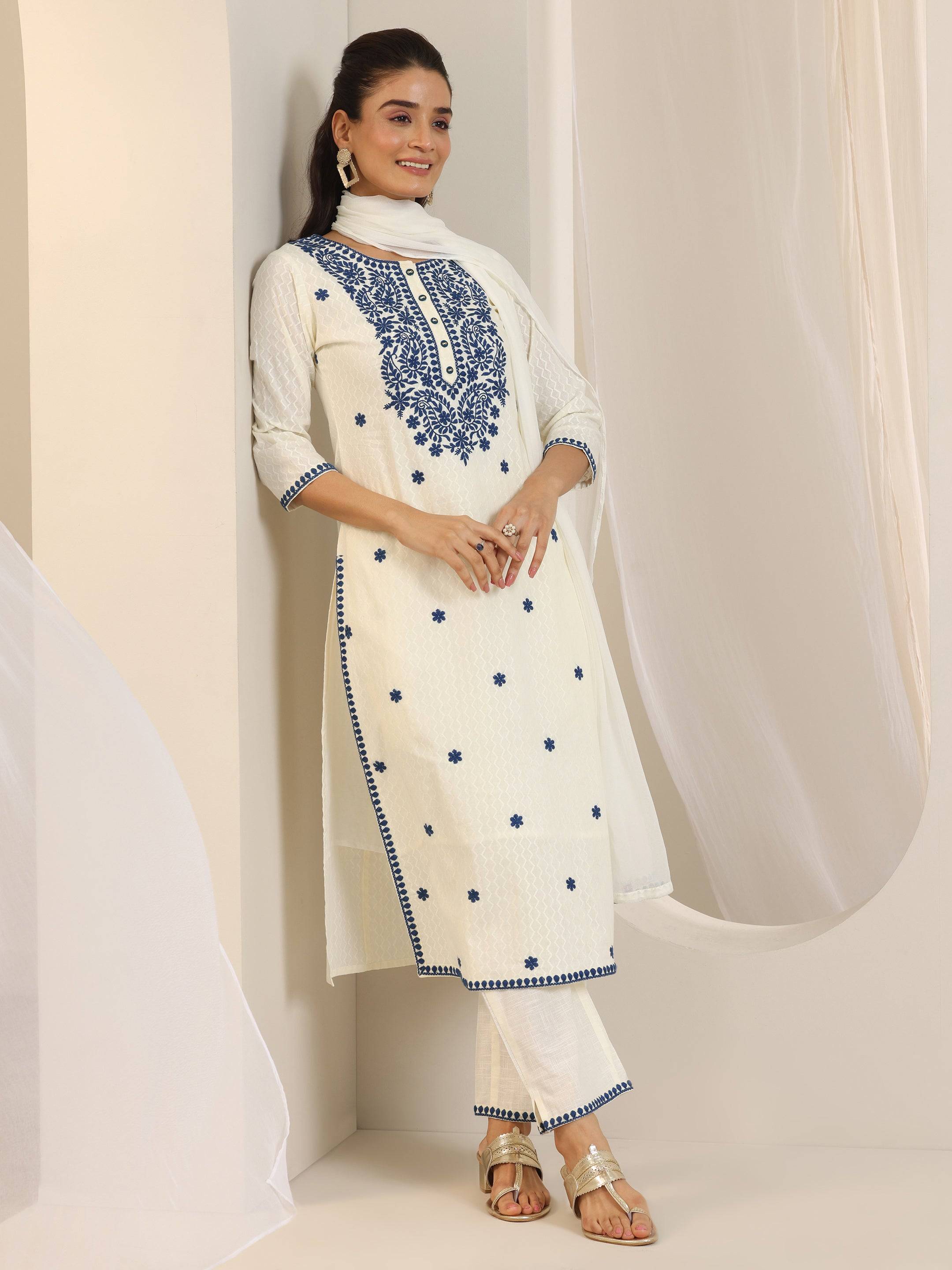 Off White Embroidered Cotton Straight S... Buy only at ₹2499