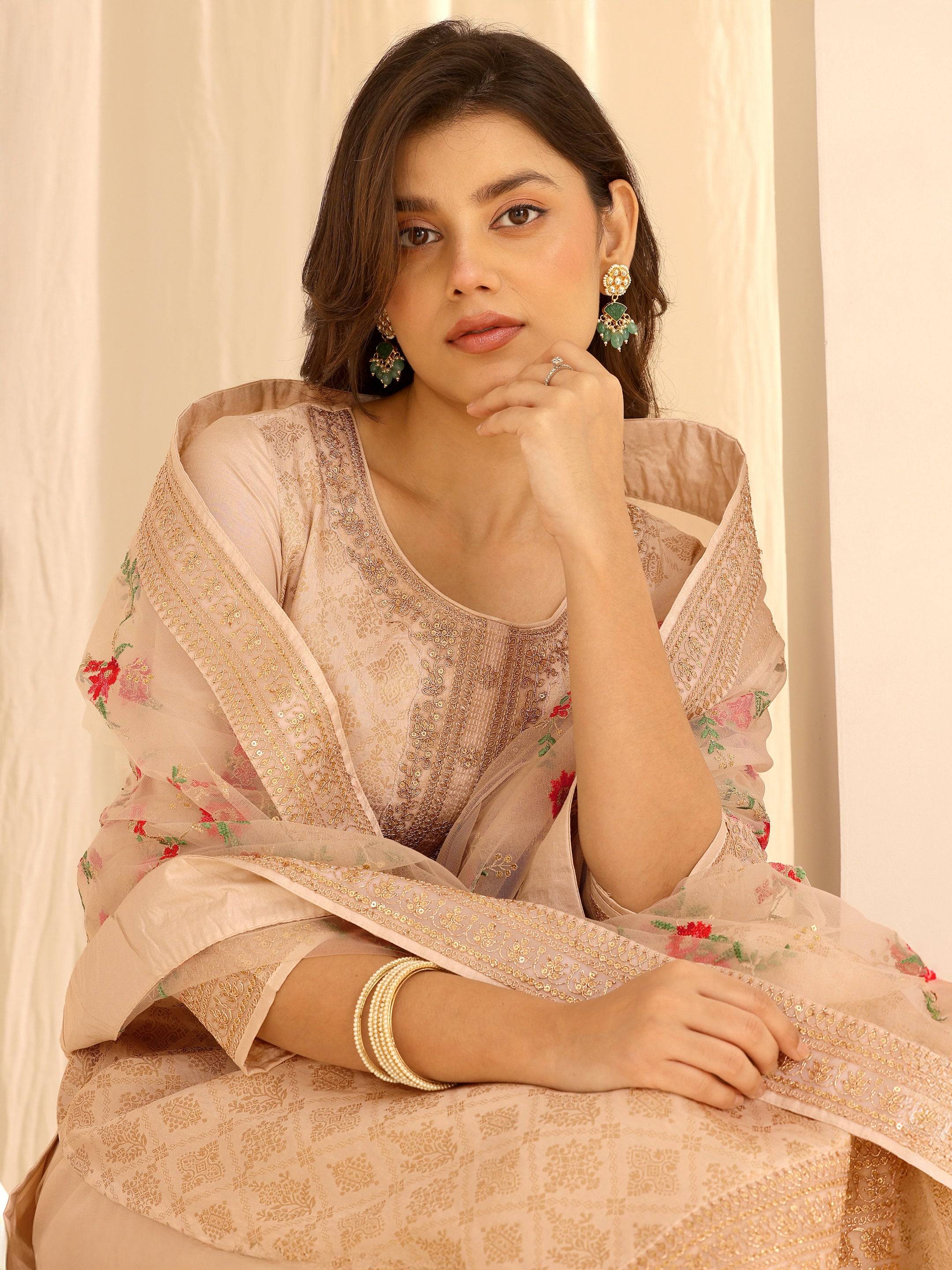 Taupe Woven Design Silk Blend Straight ... Buy only at ₹7999