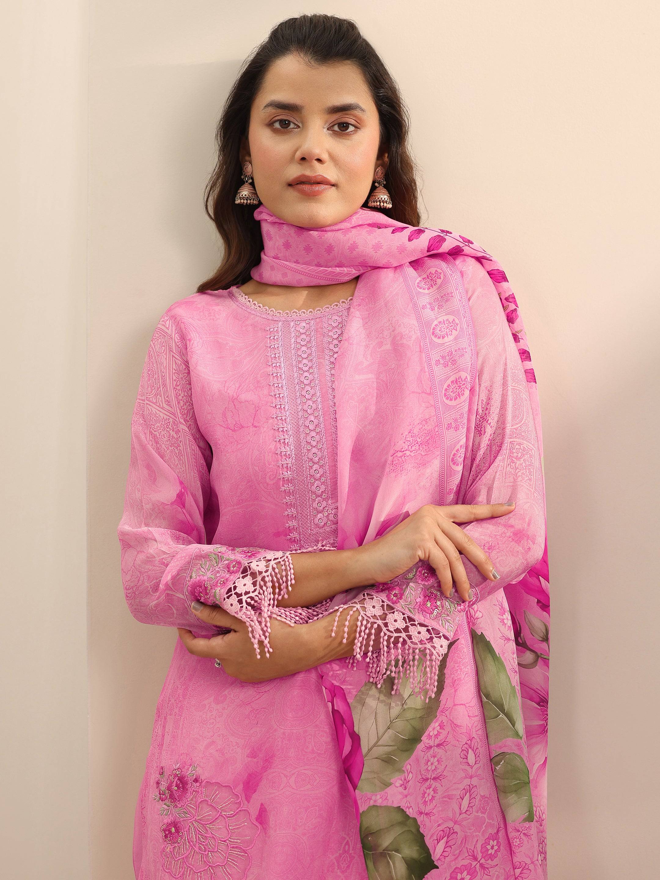 Pink Embroidered Organza Straight Suit ... Buy only at ₹5499