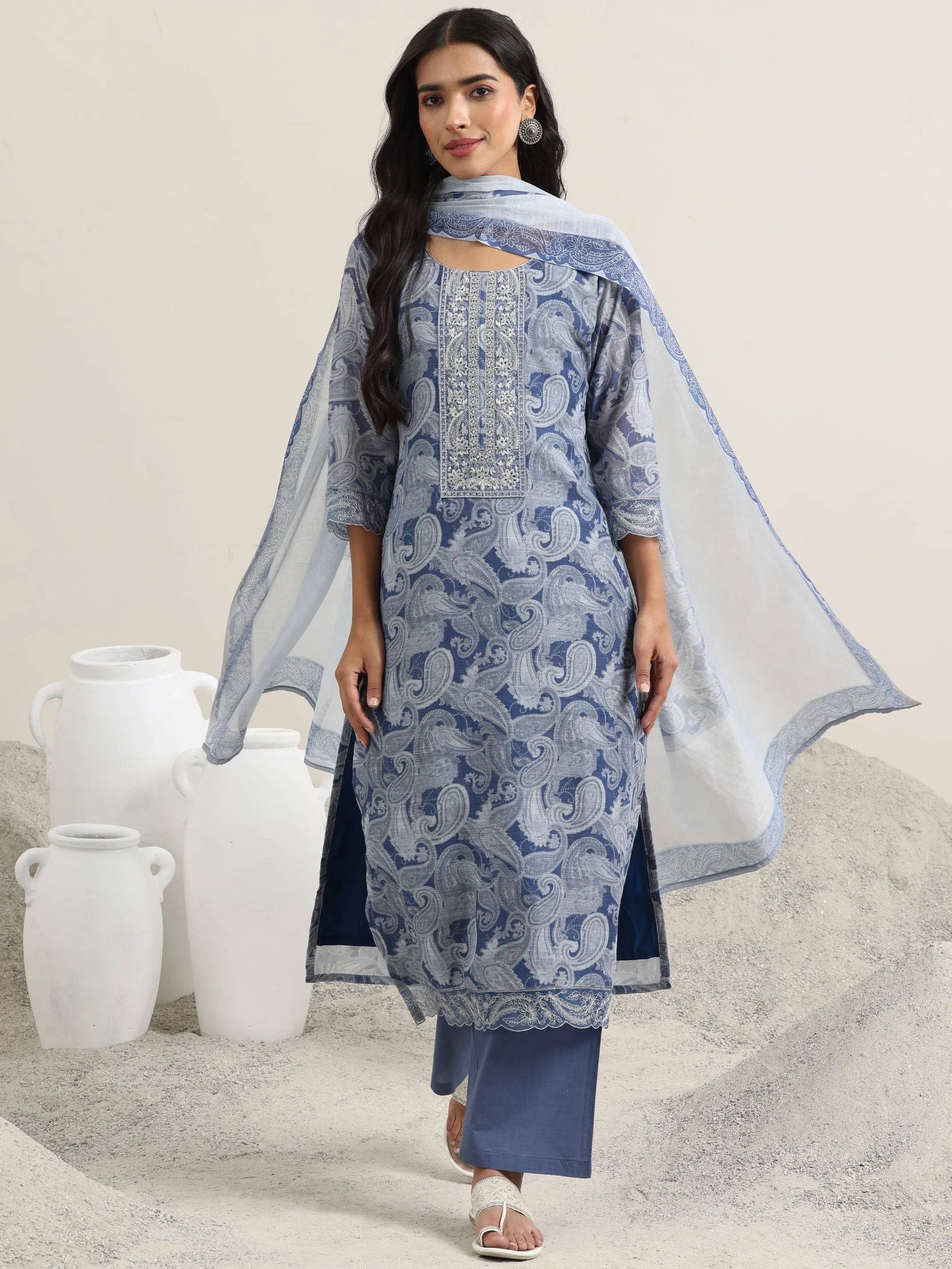 Blue Printed Linen Straight Suit With D... Buy only at ₹3499