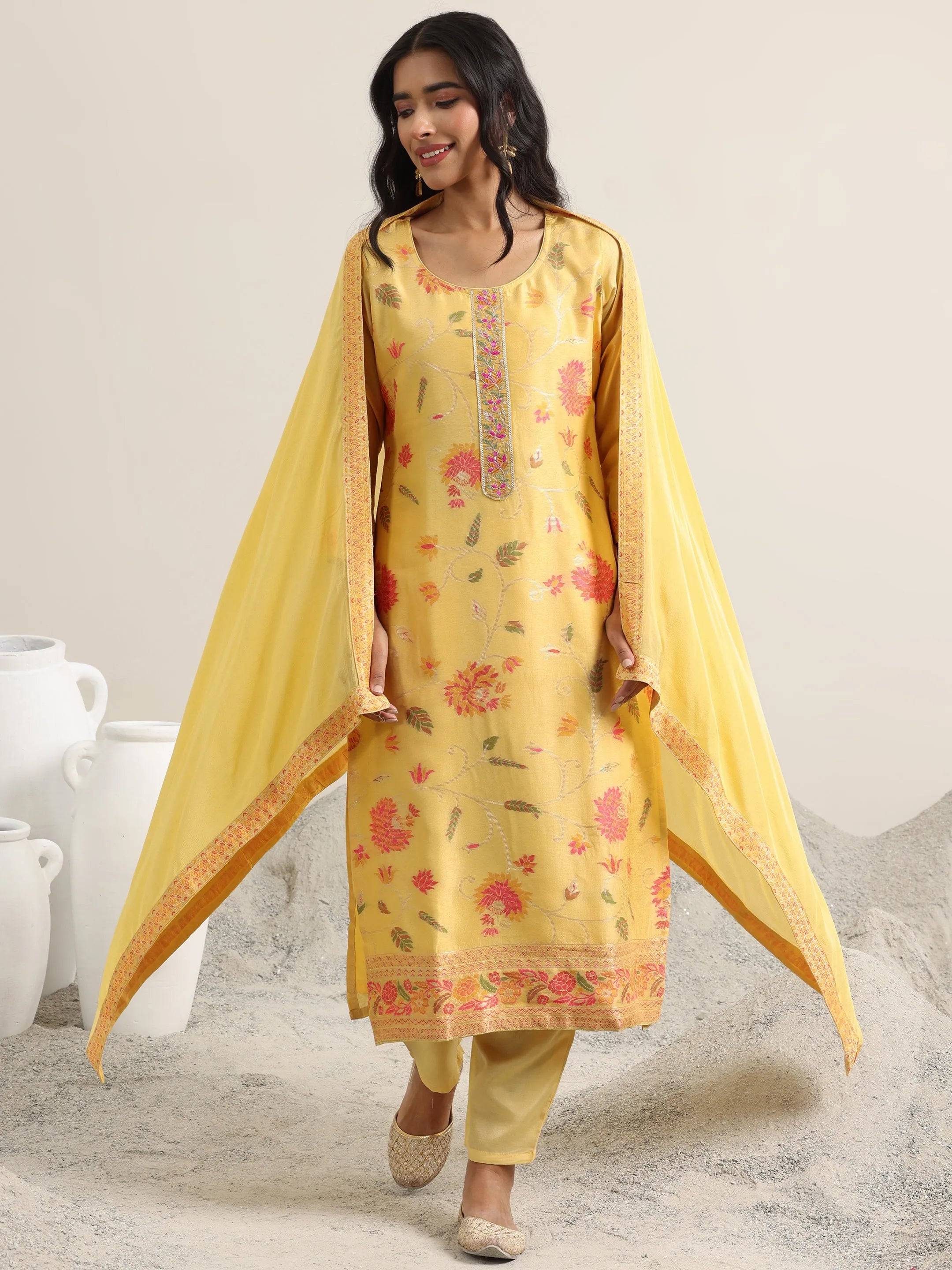 Yellow Woven Design Silk Blend Straight... Buy only at ₹3499
