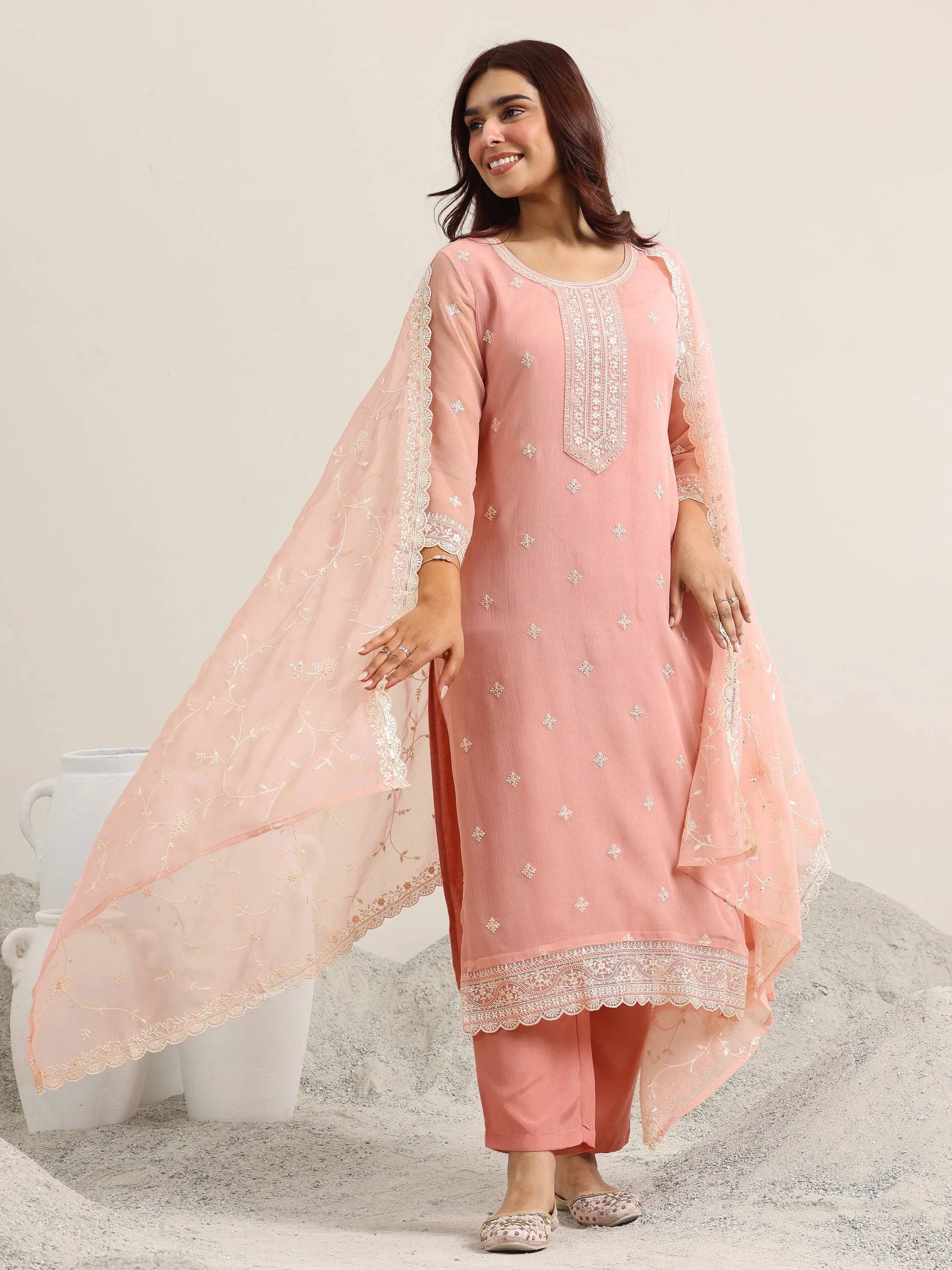 Peach Embroidered Poly Chiffon Straight... Buy only at ₹8199