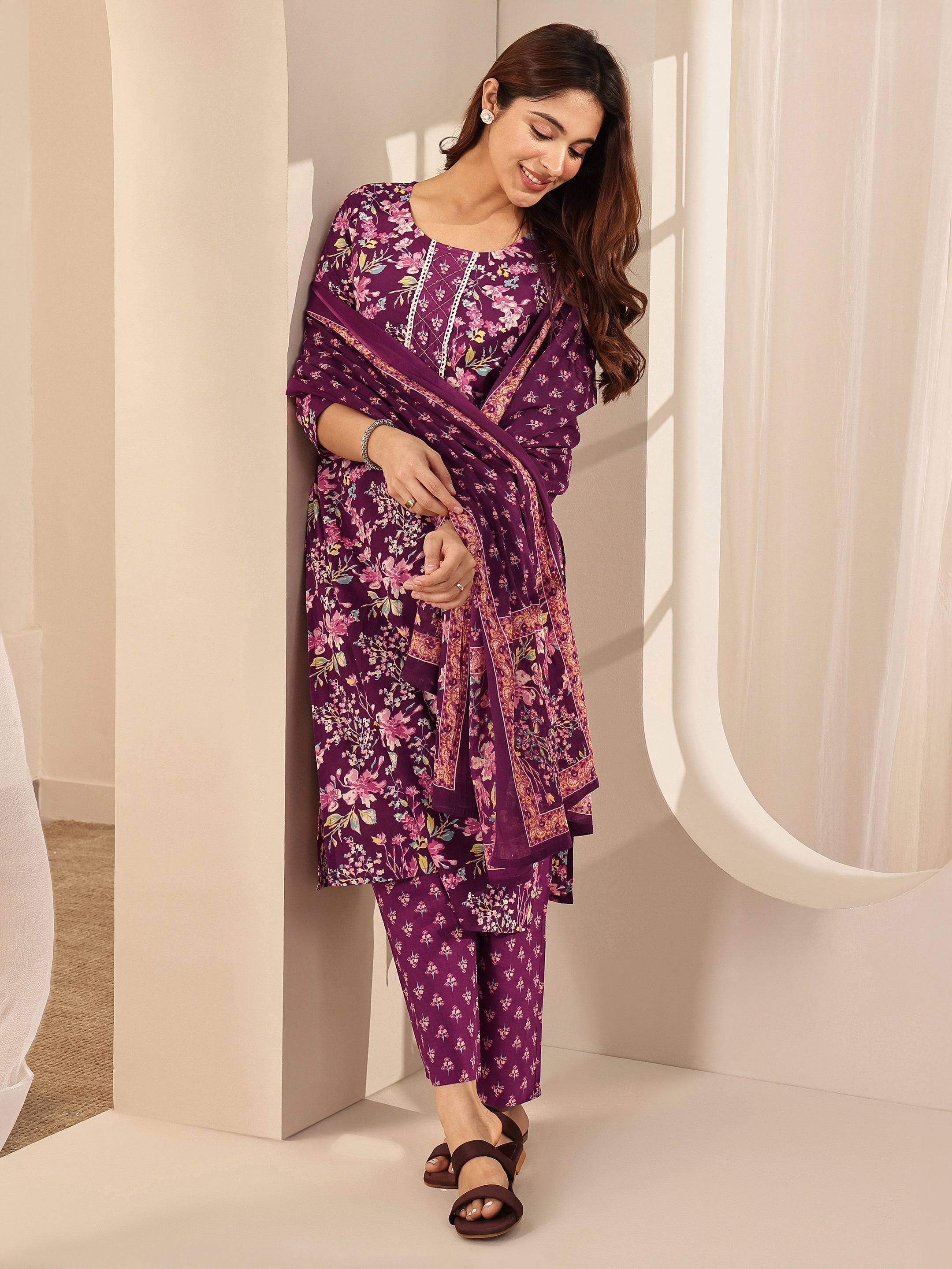 Wine Printed Cotton Straight Suit Sets ... Buy only at ₹2699