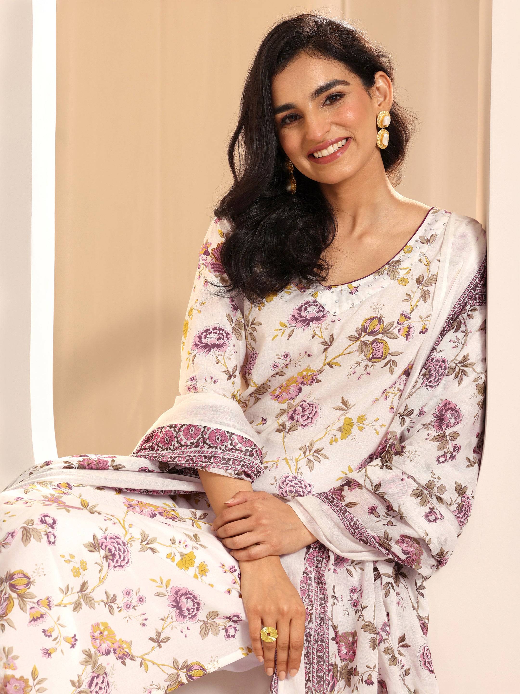 Off White Printed Cotton Straight Suit ... Buy only at ₹2699