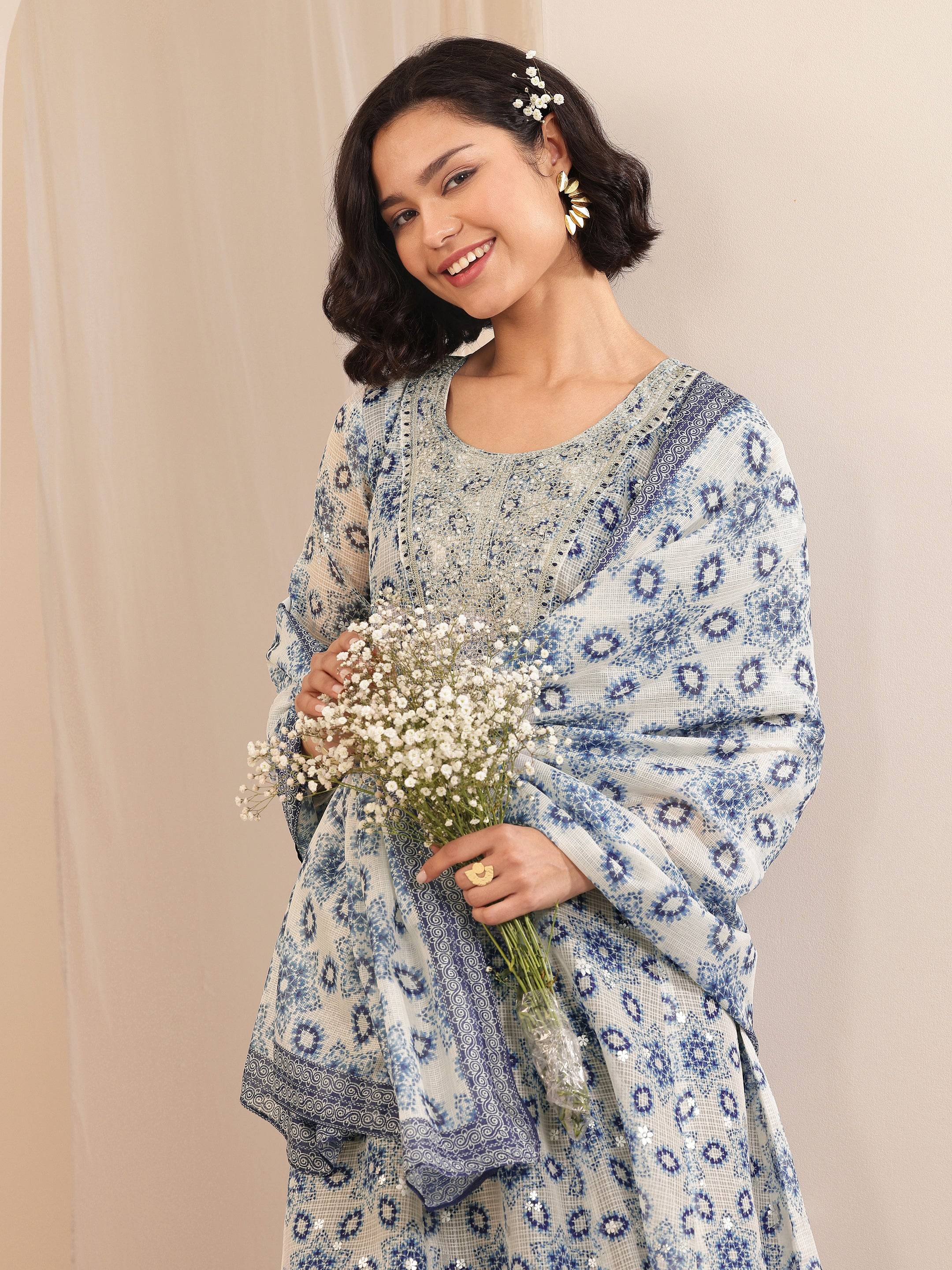 Indigo Printed Silk Blend A-line Suit S... Buy only at ₹3499