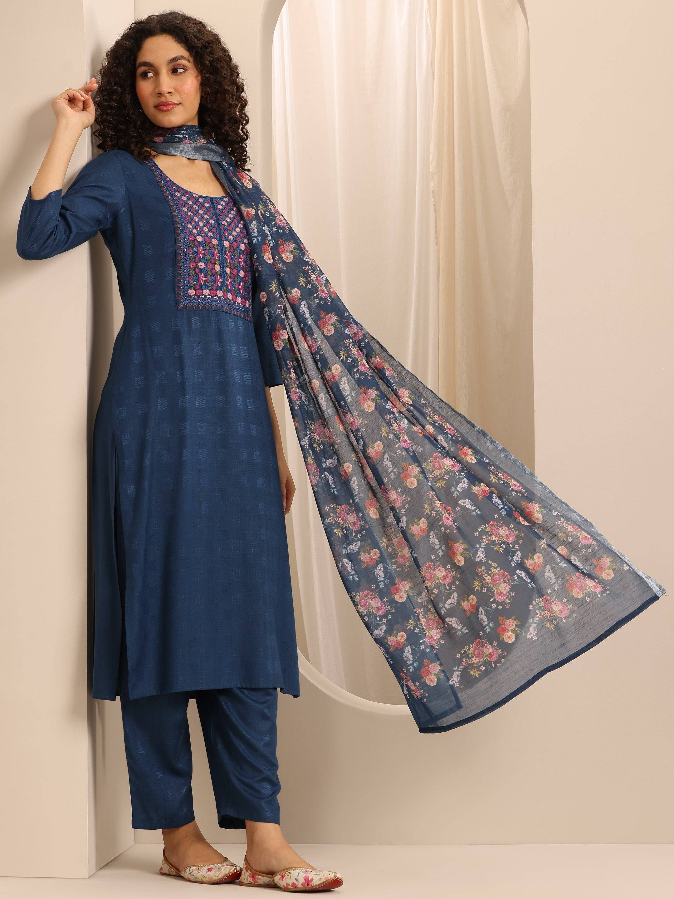 Dark Blue Woven Cotton Blend Straight S... Buy only at ₹2799