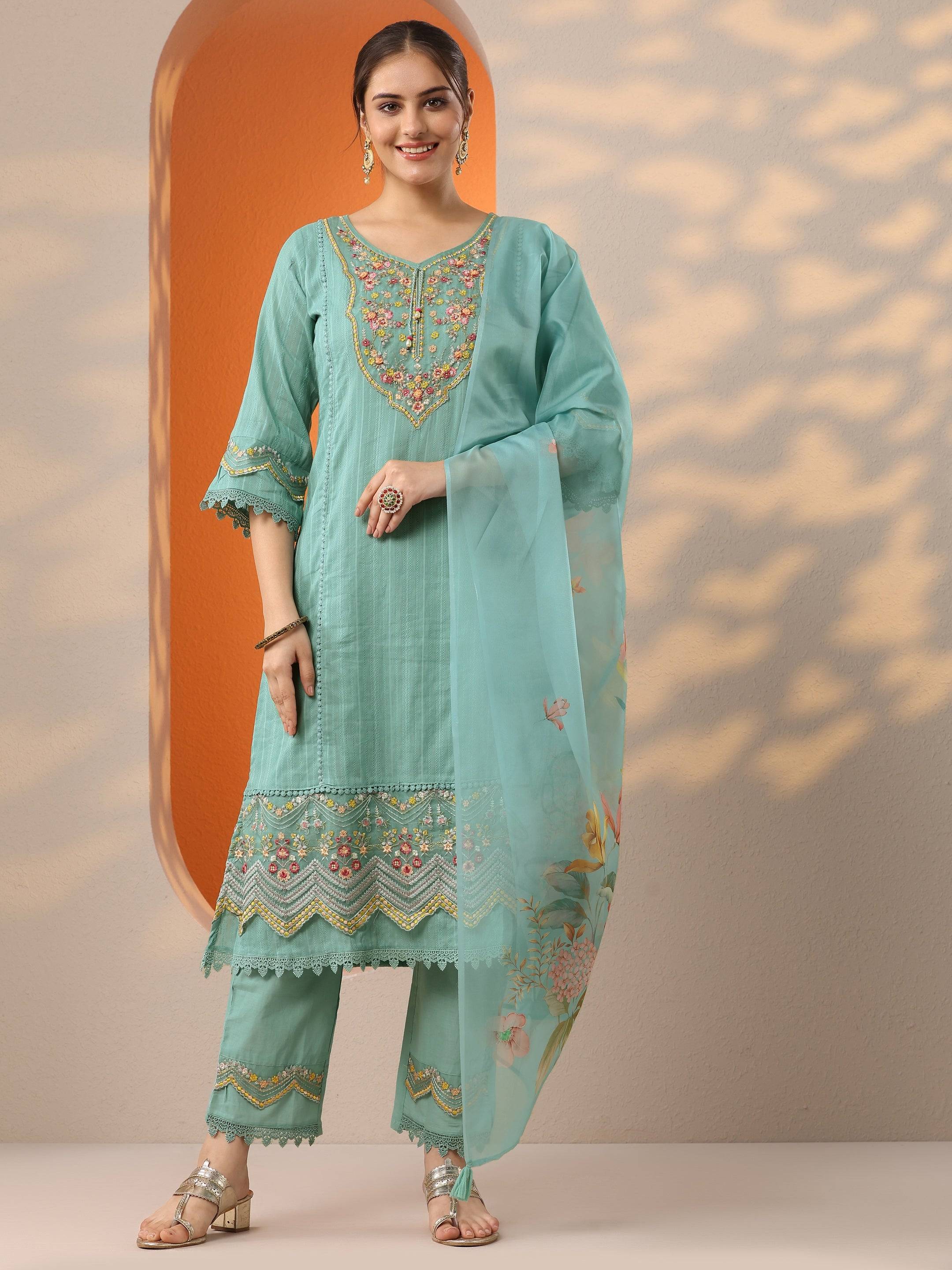 Turquoise blue Embroidered Cotton Blend... Buy only at ₹3799