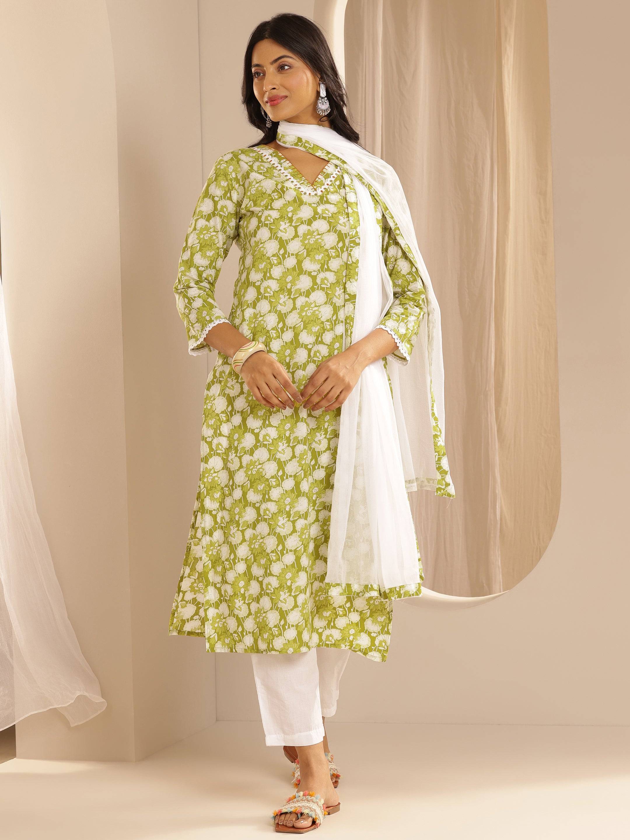 Green Printed Cotton Straight Suit Set ... Buy only at ₹2499
