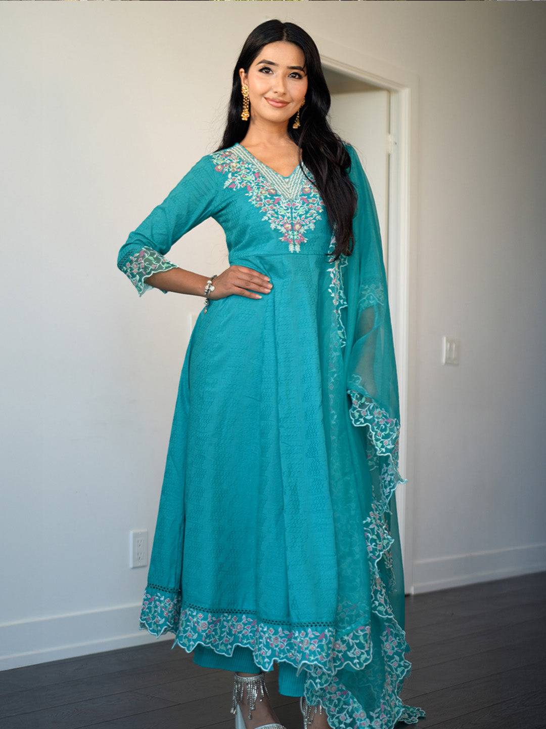 Blue Embroidered Cotton Anarkali Suit S... Buy only at ₹4499