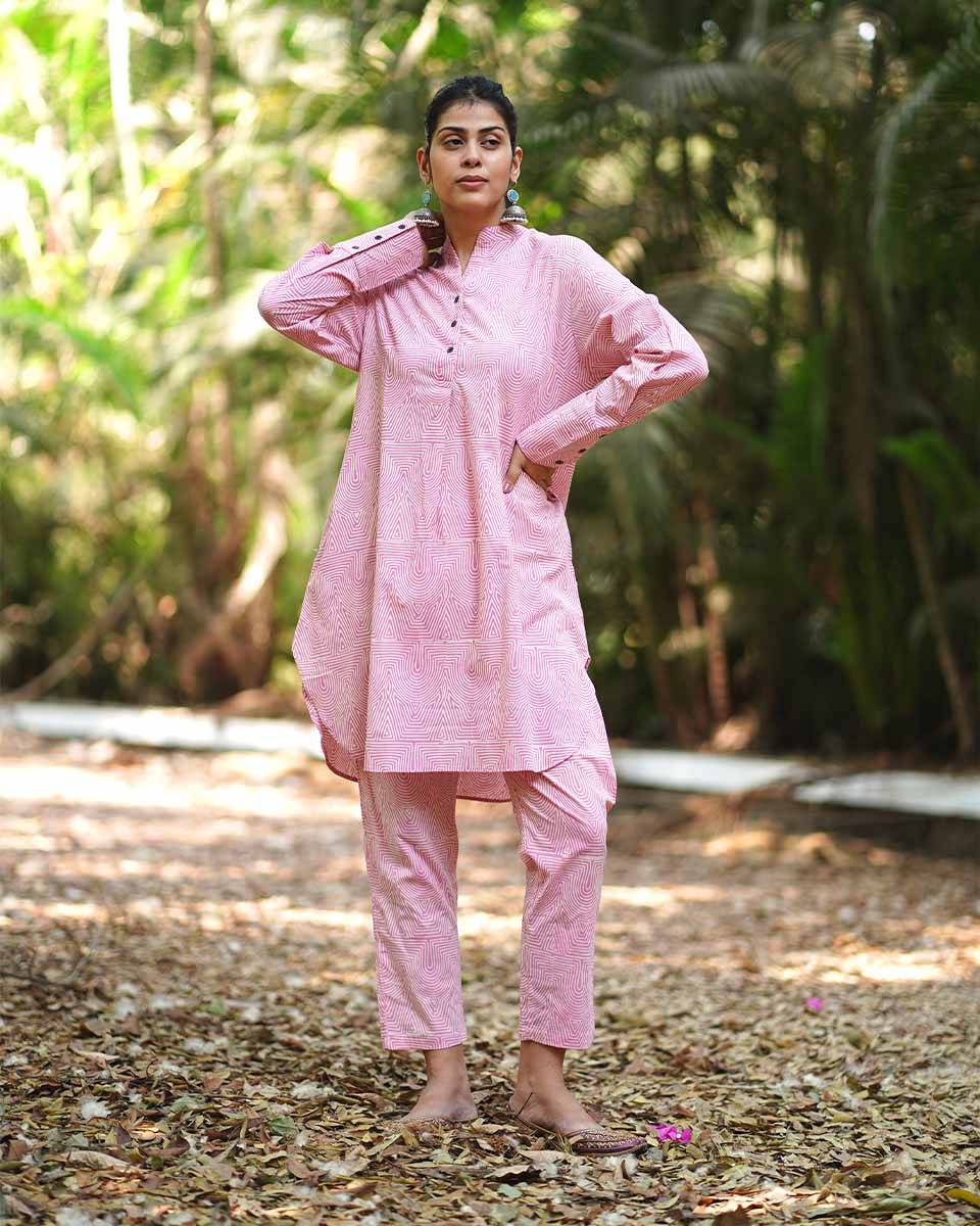Radiant Roses Blush Pink Block Printed Kurta Set - MMG
