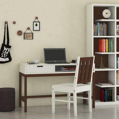Montana Teak Wood Study Desk with Drawer and Open Shelf in Ivory Coffee Walnut Colour