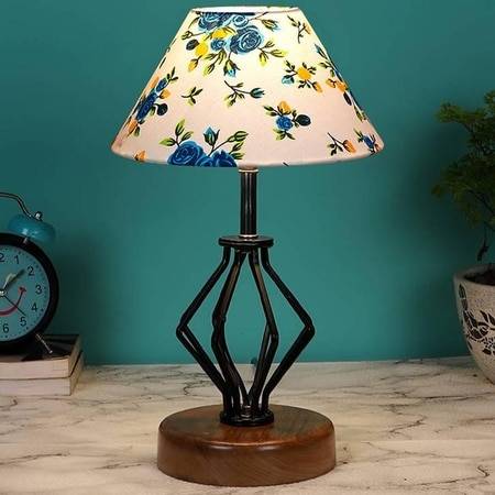 Joy Multicolor cotton Table lamp with Wood & Iron Base