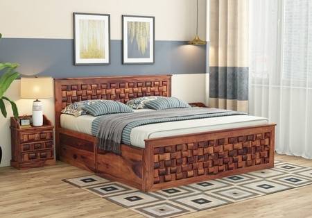 Moglis Solid Wood Queen Size Bed With Box Storage Bed Honey Oak In Finish