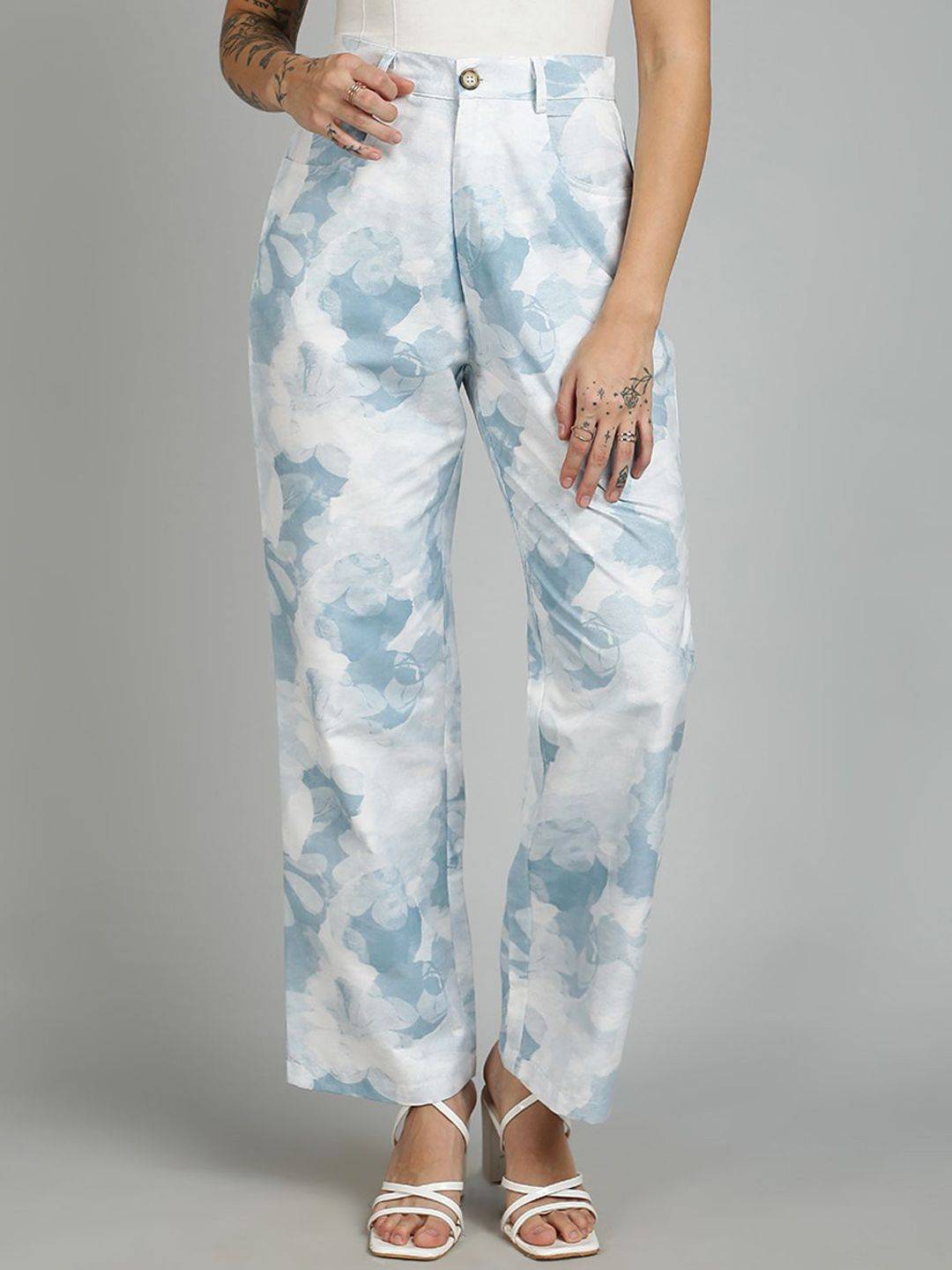 Kotty Women Cotton Printed Straight Fit High-Rise Easy Wash Trousers