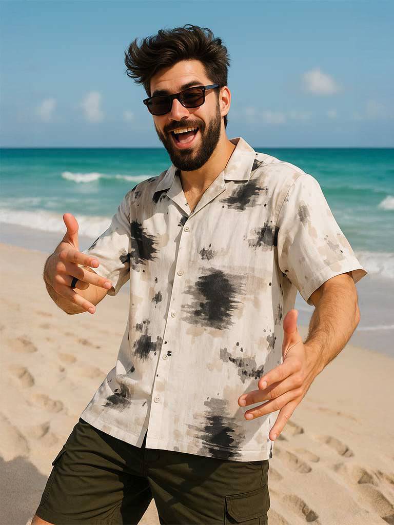 Beige Camp Collar Printed Oversized Exclusive Shirt