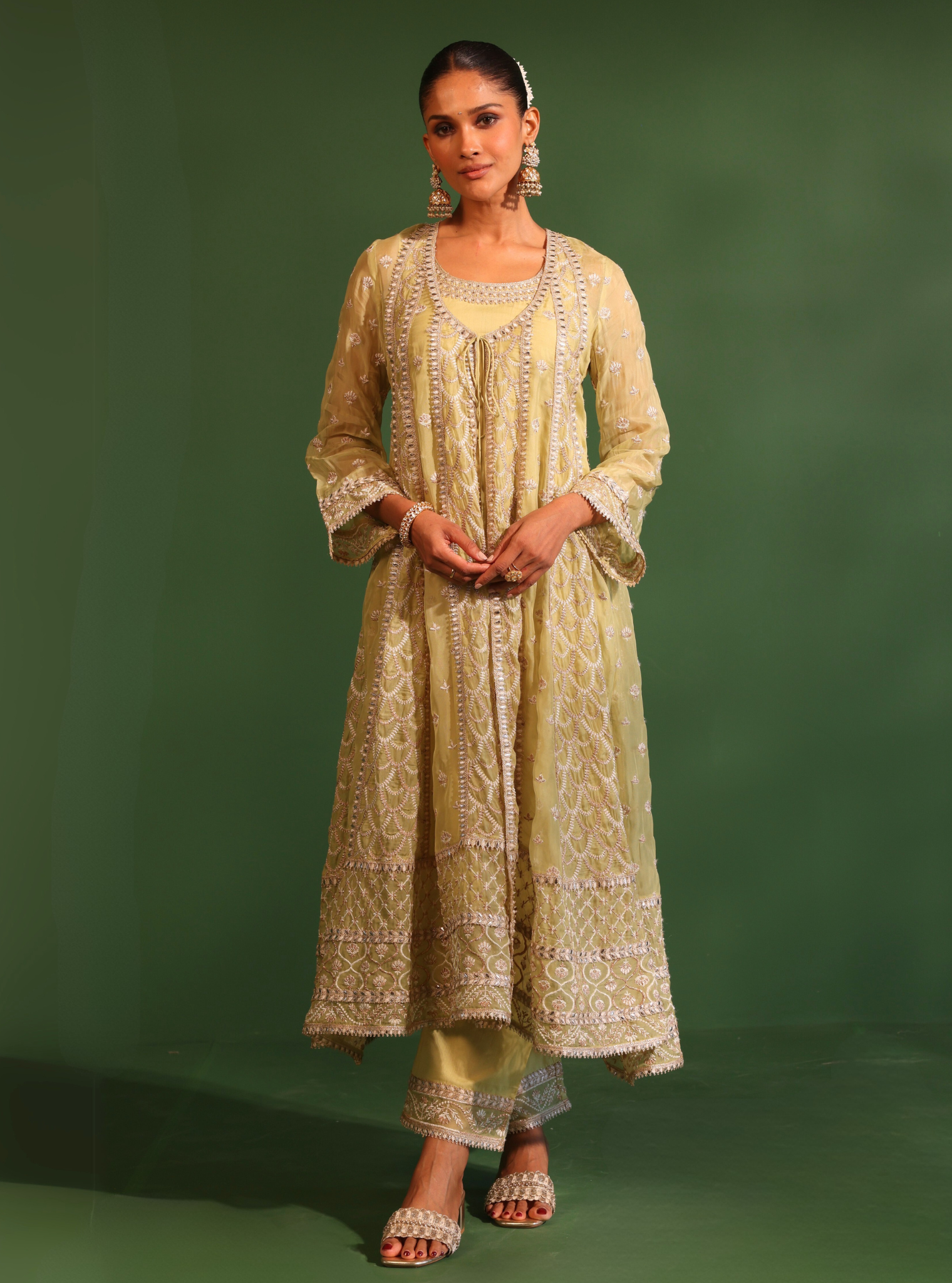 Dilruba Organza Lime Green Anarkali Kurta Set