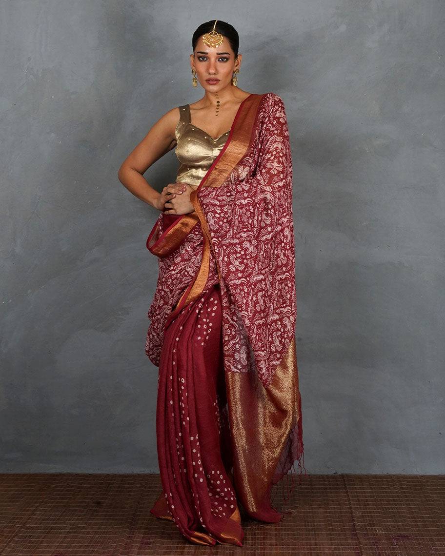 Urvi Maroon Handblock Linen Saree - TARA