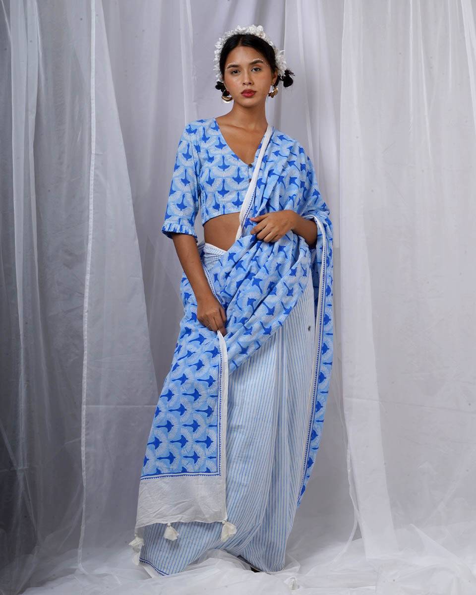 Maya Blue Hand Block Printed Saree-BAD