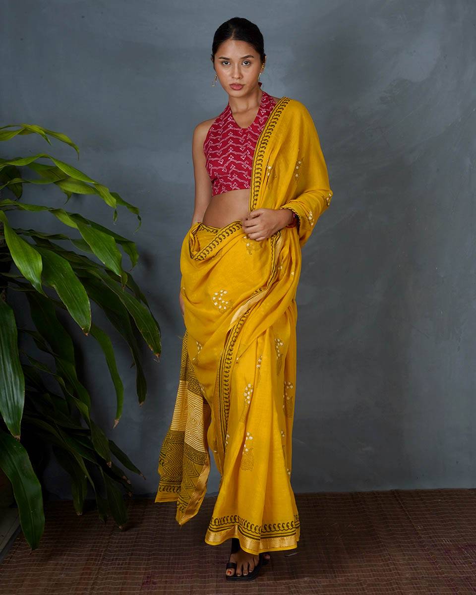 Mriga Yellow Hand Block Printed Saree-MYA