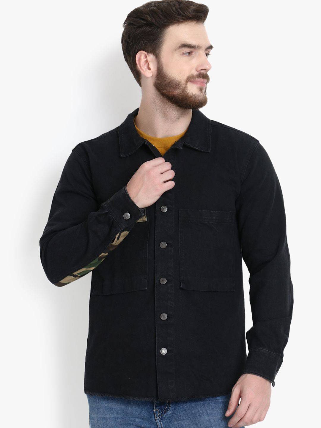 Kotty Men Black Camouflage Lightweight Denim Jacket