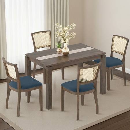 Atlas Crest Storage Solid Wood 4 Seater Dining Table With Reed Dining Chairs