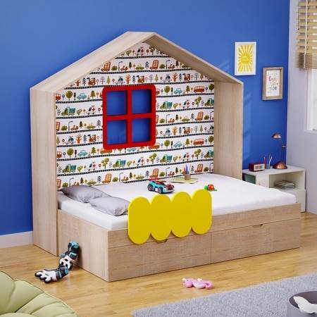Little Hut Bed 6X4 Drawers On Wheels In Oak and Yellow Colour63