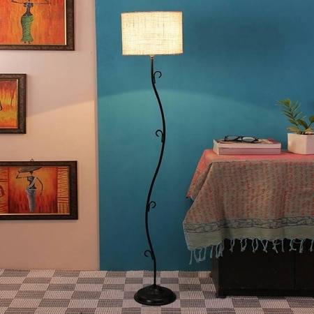 Eulia White Natural Fiber Floor Lamp with Black Iron Base