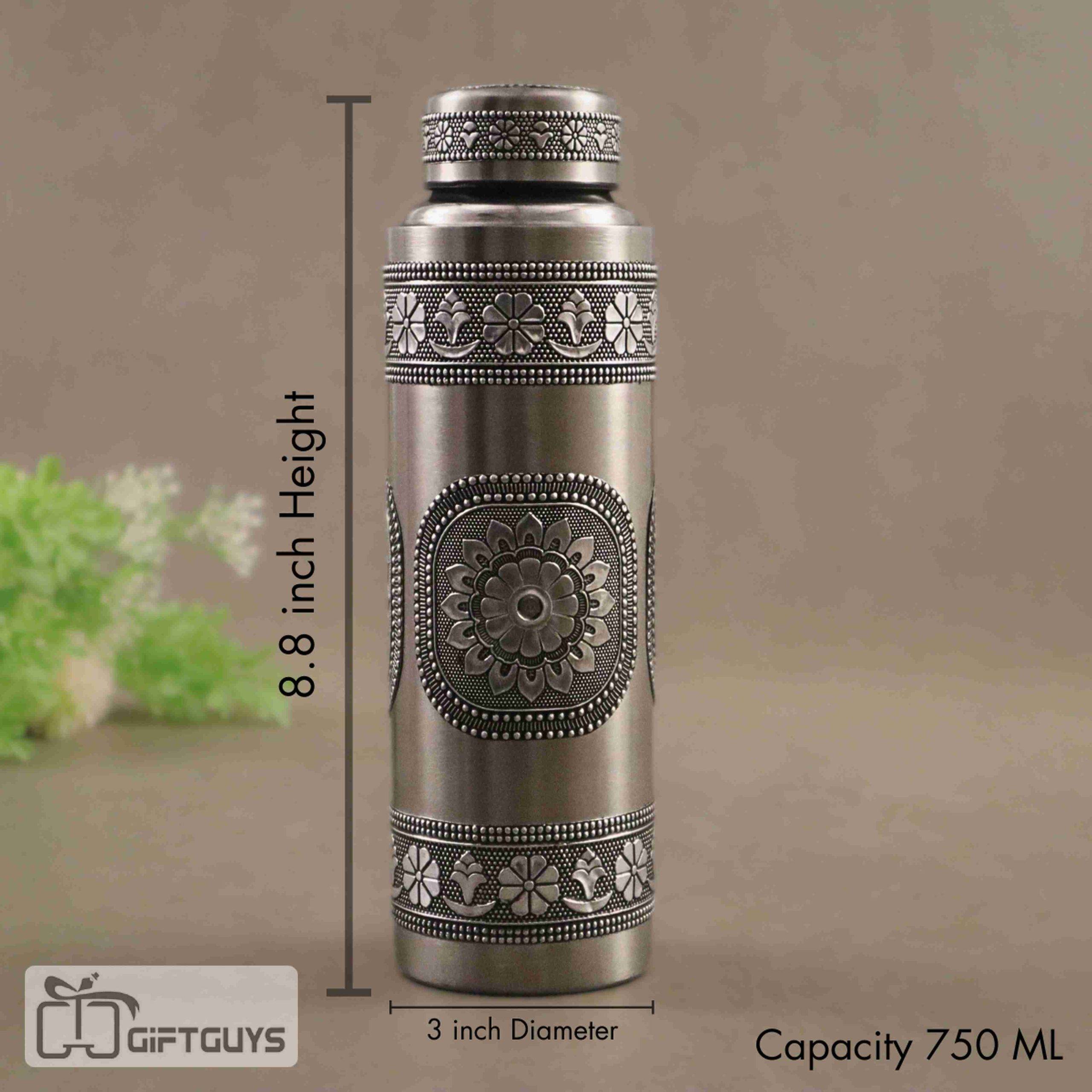 750 ML Oxidised Stainless Steel Antique Floral Water Bottle | Leak-Proof & Eco-Friendly