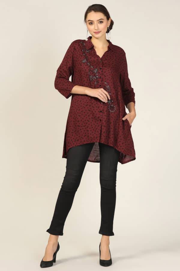 Brown Rayon Embroidered Shirt
