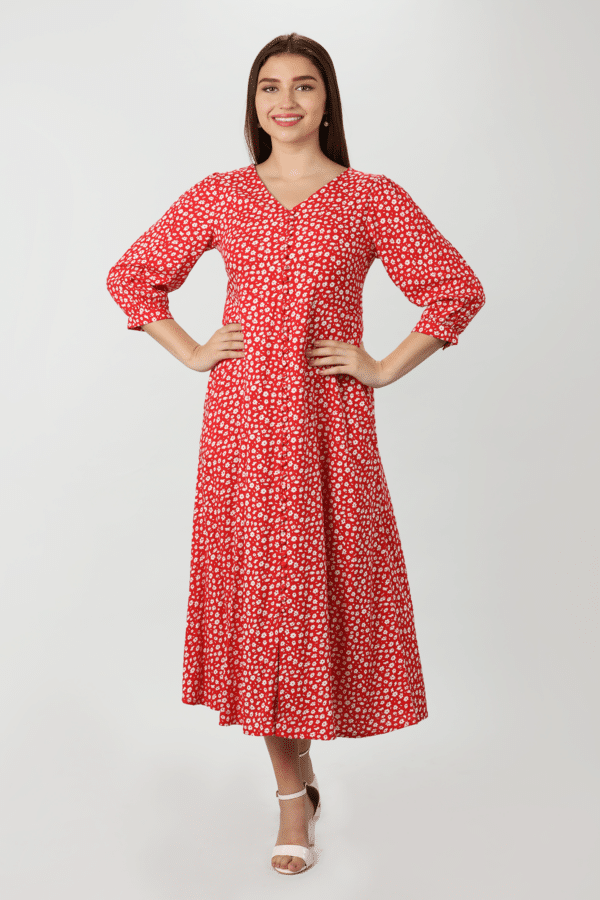 Red & White Floral Printed Dress