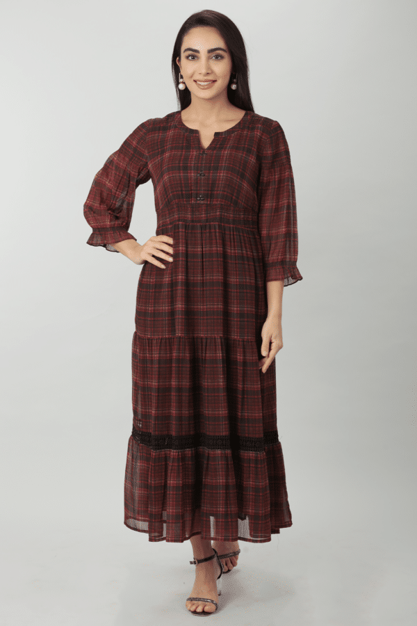 Rust Red Georgette Check Casual Dress